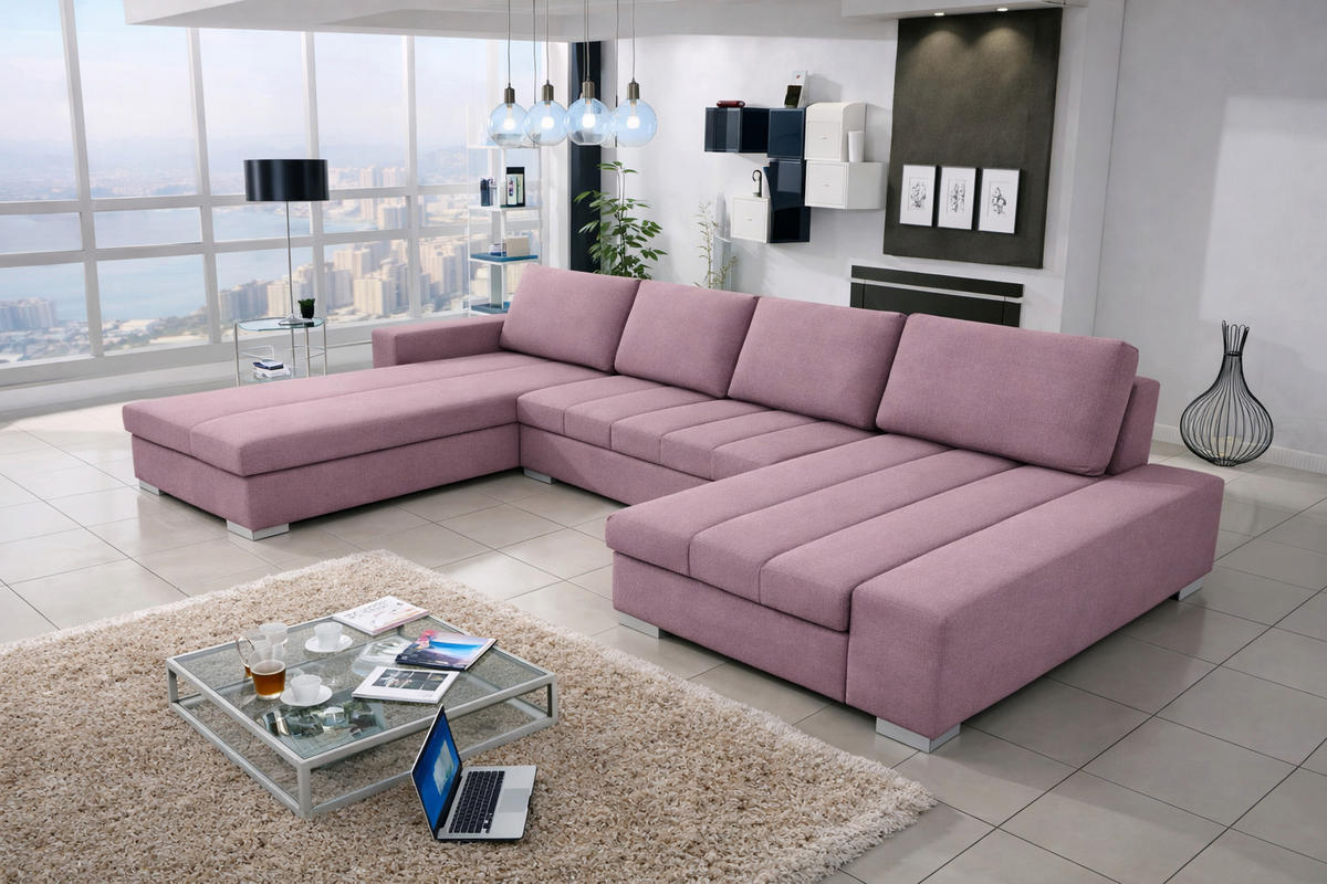 WOHNLANDSCHAFT VERONA U-Form mit Schlaffunktion, Bettkasten und Wellenfederung – Großzügiges Ecksofa 387 cm - Rosa, Kunststoff (387/85/213cm) - Wohnideebilder