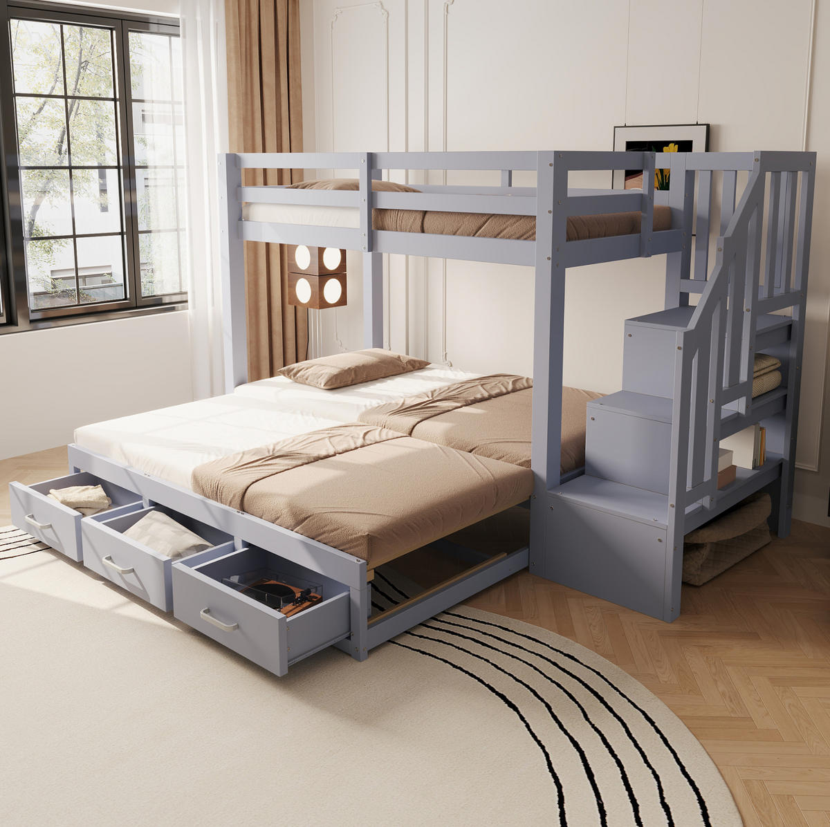 ETAGENBETT 90/200 cm aus Kiefernholz und MDF mit Ausziehbett und Stauraumleiter Grau - Grau, Holz (90/200cm) - Modenvie