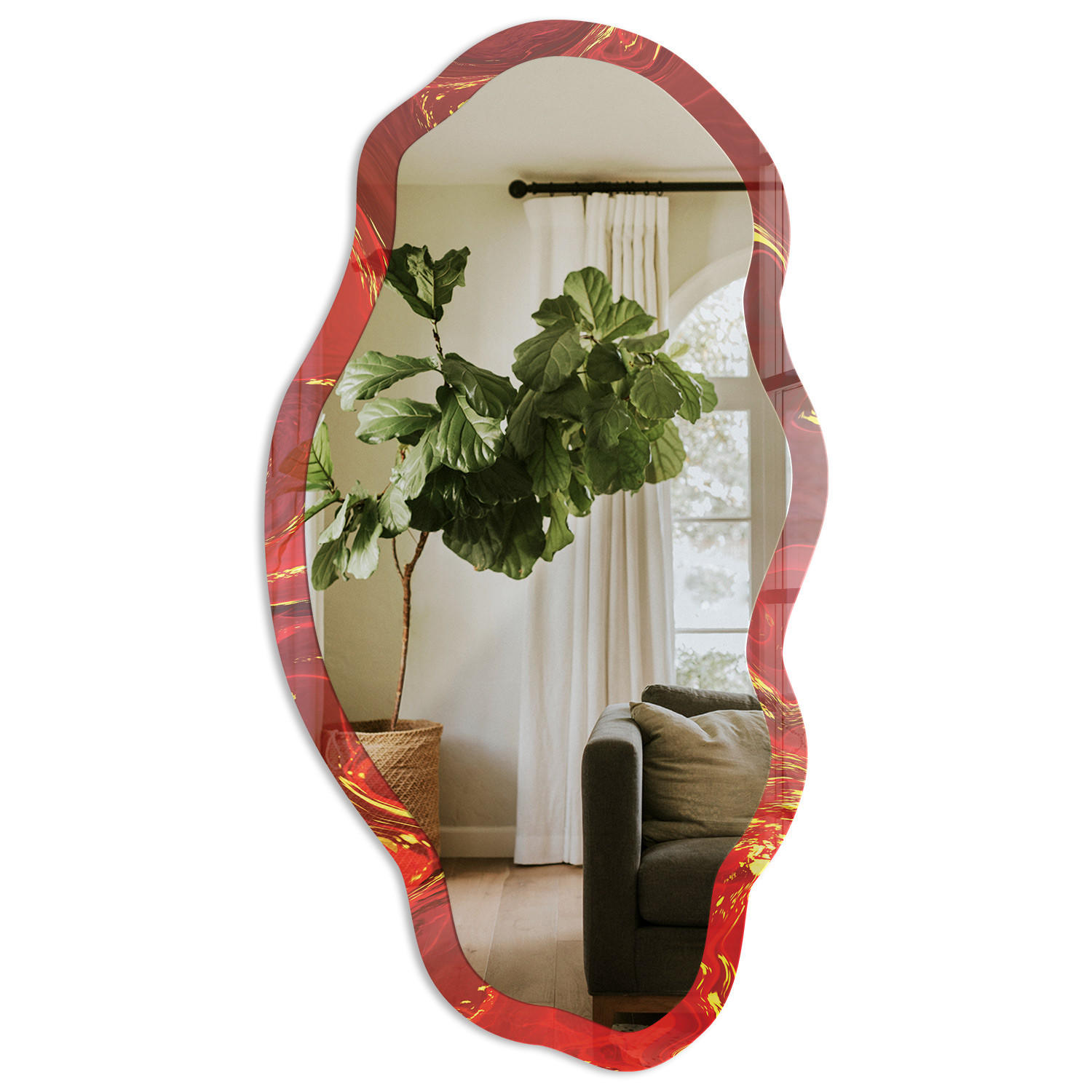 SPIEGEL 90x45 cm asymmetrisch mit Druck - Rote Abstraktion - Transparent, Glas (45/90/0.4cm) - TULUP