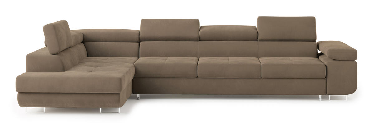 ECKSOFA VICENTE Beige Velours-Stoff mit Schlaffunktion - Beige, Holz (346/202cm) - MASSENO