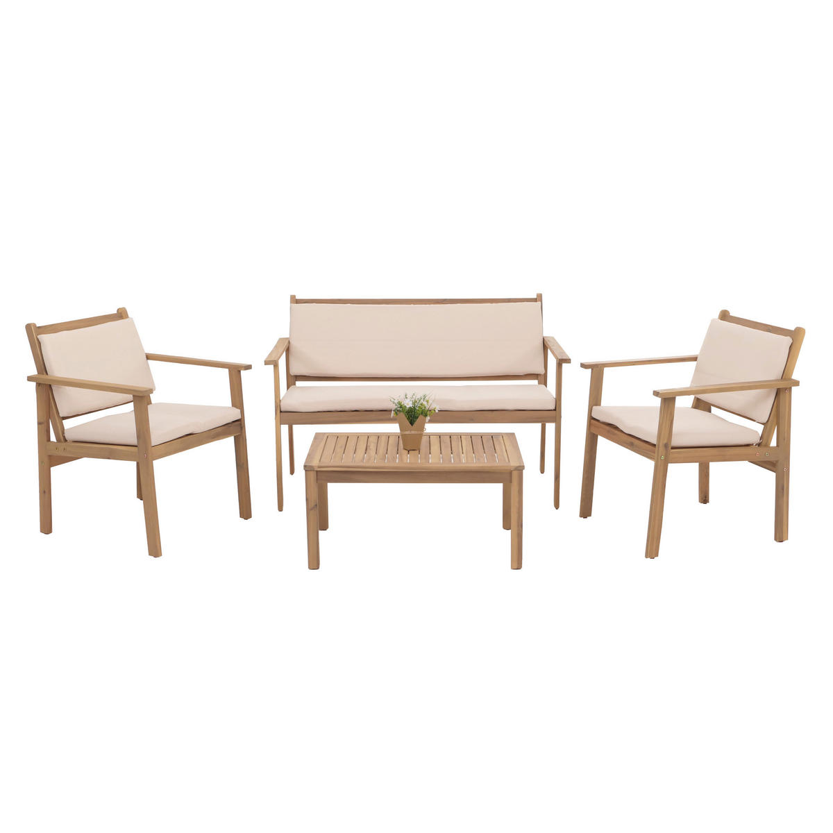 GARTEN-GARNITUR Beige 1x Bank, 2x Sessel, 1x Tisch-Set - Beige, Holz - MCW