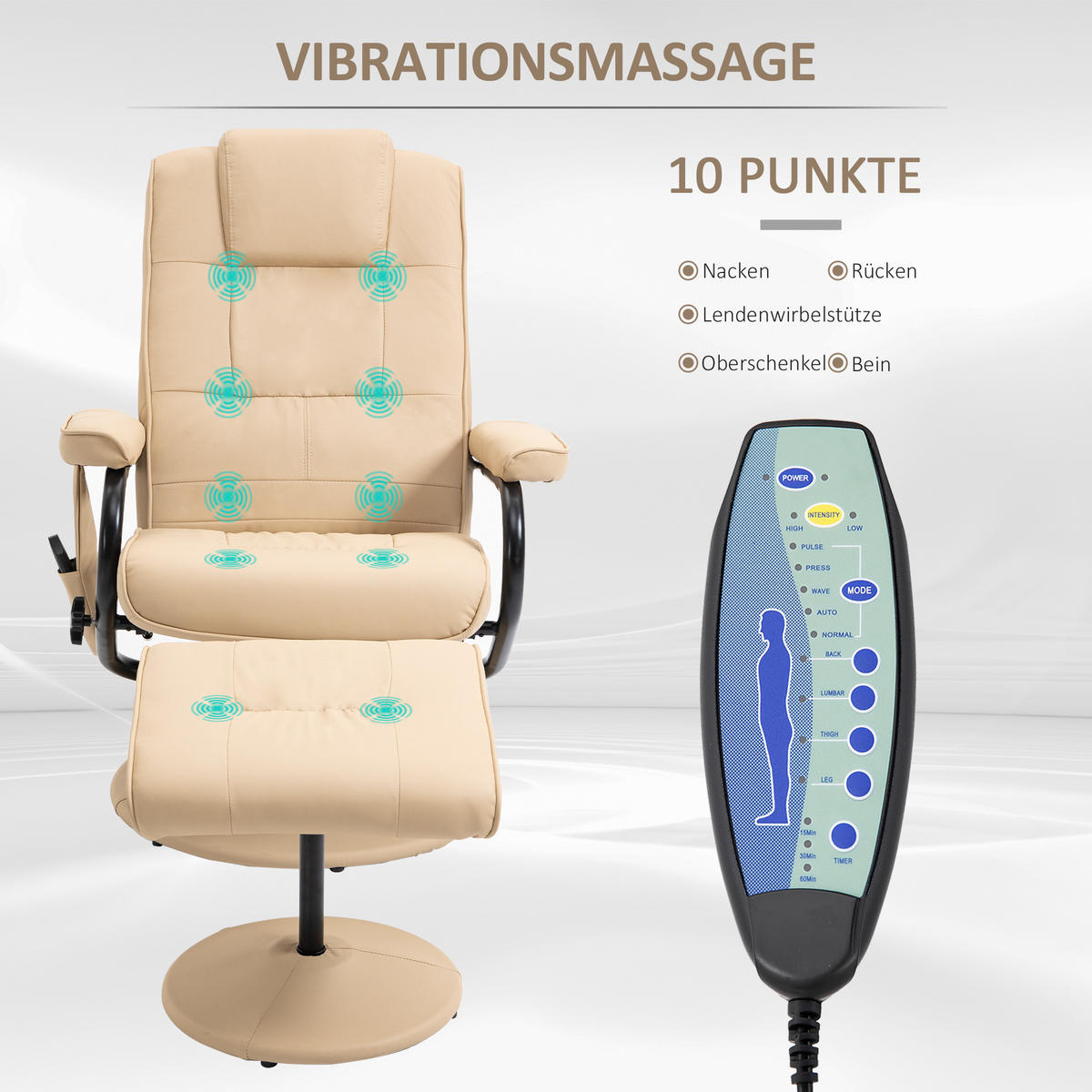 MASSAGESESSEL mit Hocker, Relaxsessel mit Liegefunktion, Massagefunktion, Creme - Creme/Schwarz, Leder/Kunststoff (84/95/77cm) - HOMCOM