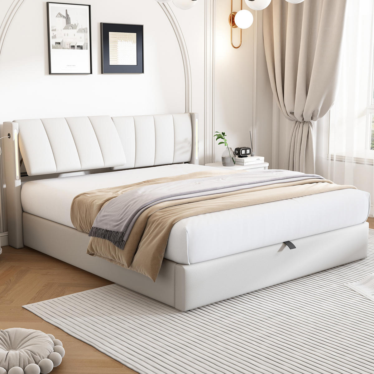 BETT mit Stauraum, LED und USB 140x190 cm PU Weiß - Weiß, Metall (140/190cm) - Meubliv