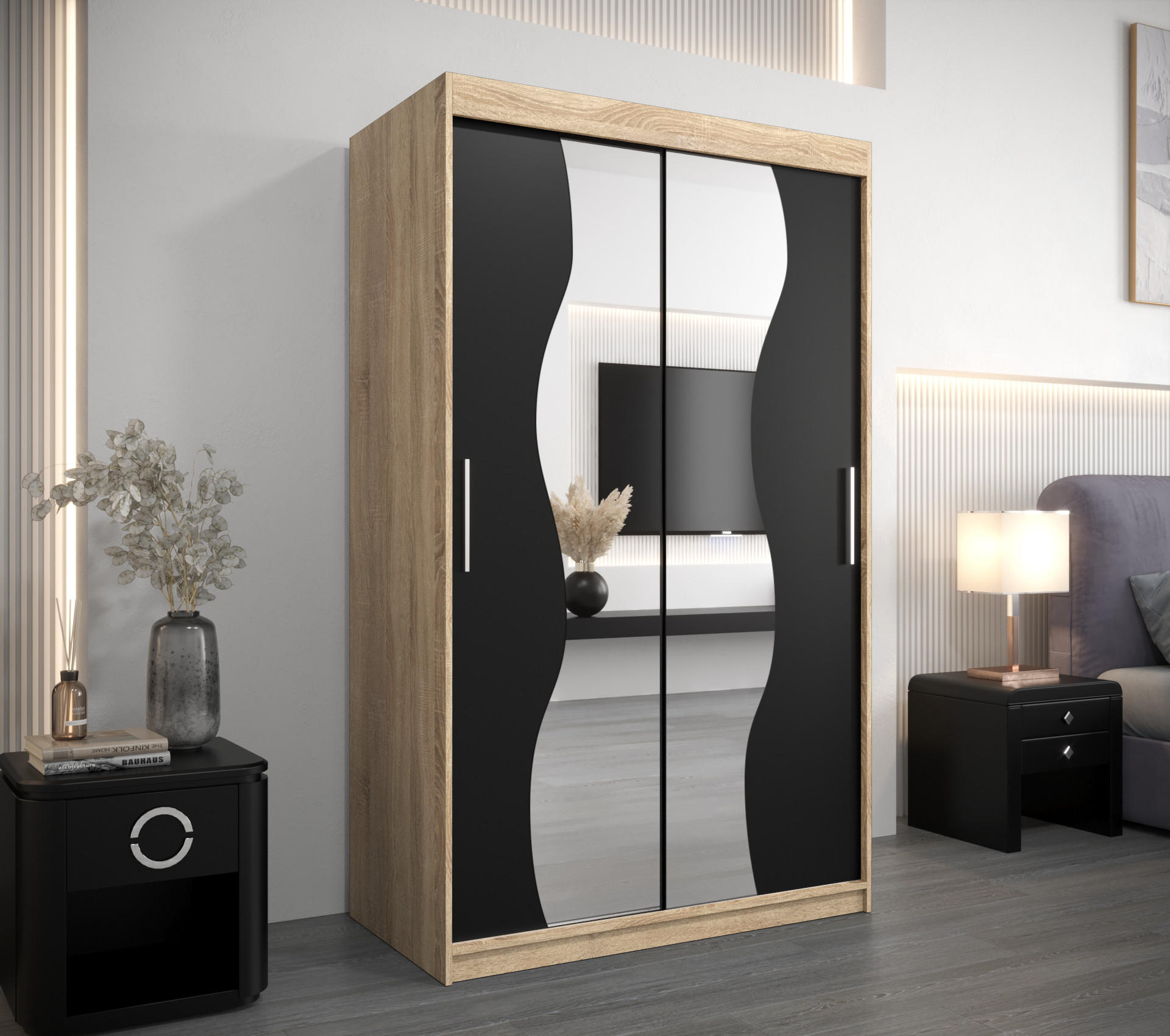 SCHWEBETÜRENSCHRANK 200/120/62 2-türig - Silberfarben/Schwarz, Holz/Kunststoff (120/200/62cm) - Abiks Möbel