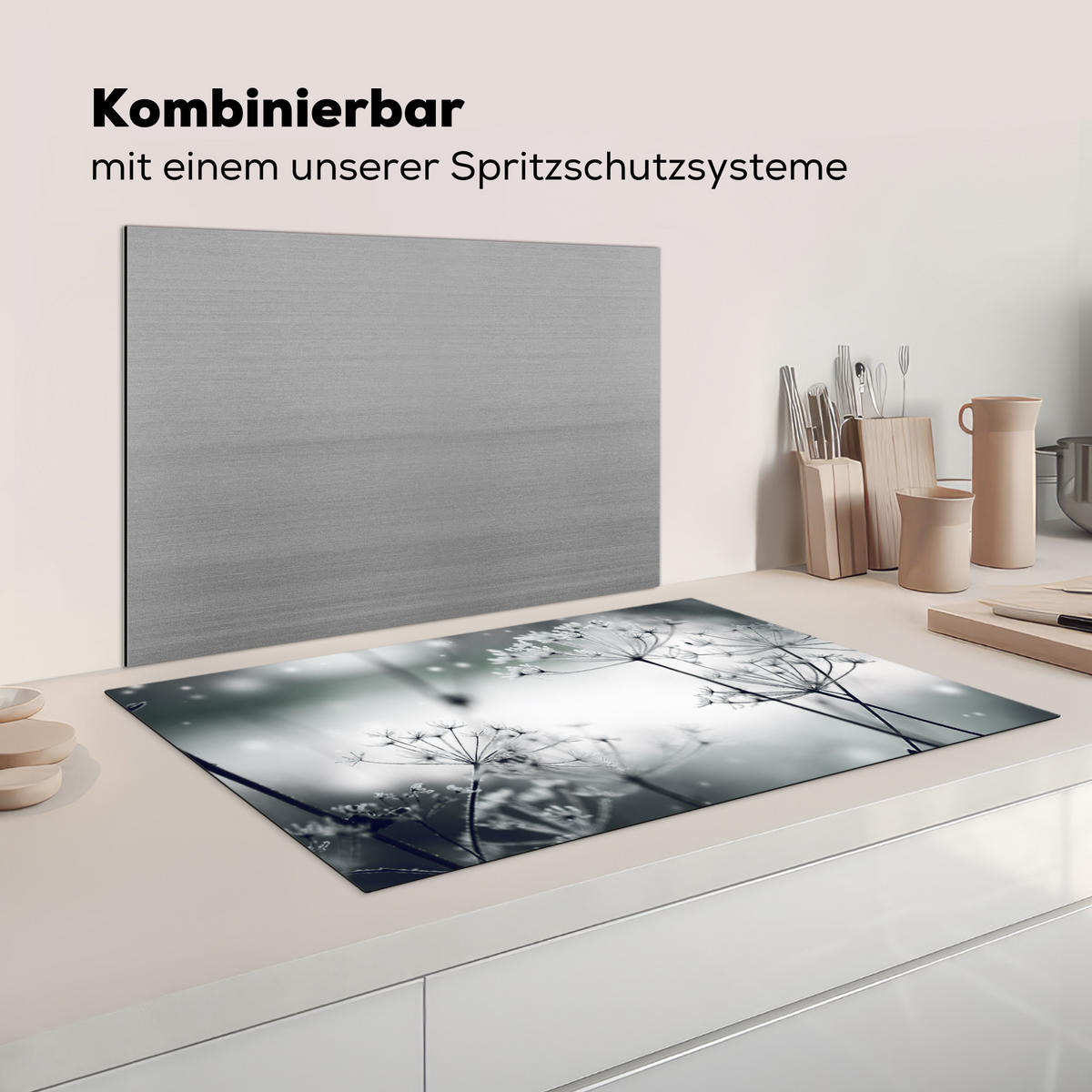 HERDABDECKPLATTE Blumen - Winter - Schnee - Natur Induktionsmatte 83x51 cm - Grau, Kunststoff (83/51.5/0.2cm) - MuchoWow