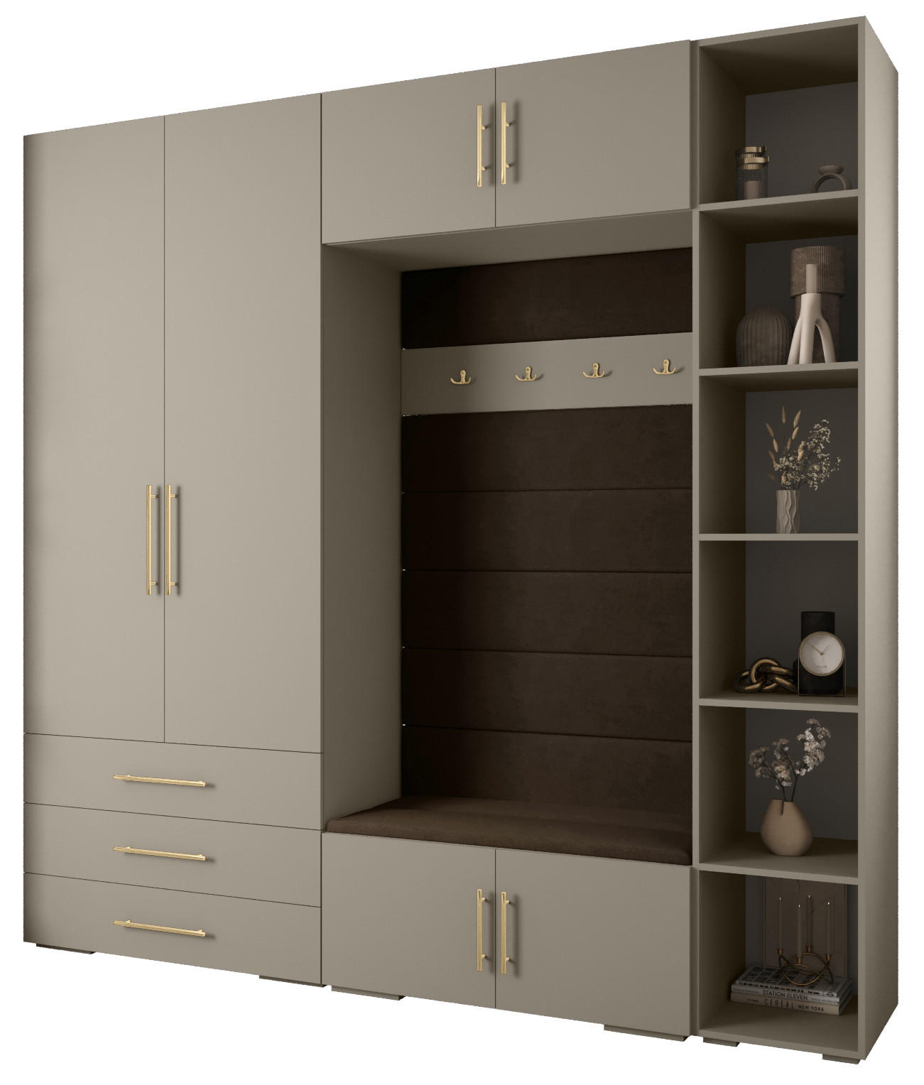 Abiks Möbel Garderoben-Set Kaschmir, Braun, Gold 240x236.7x47 cm