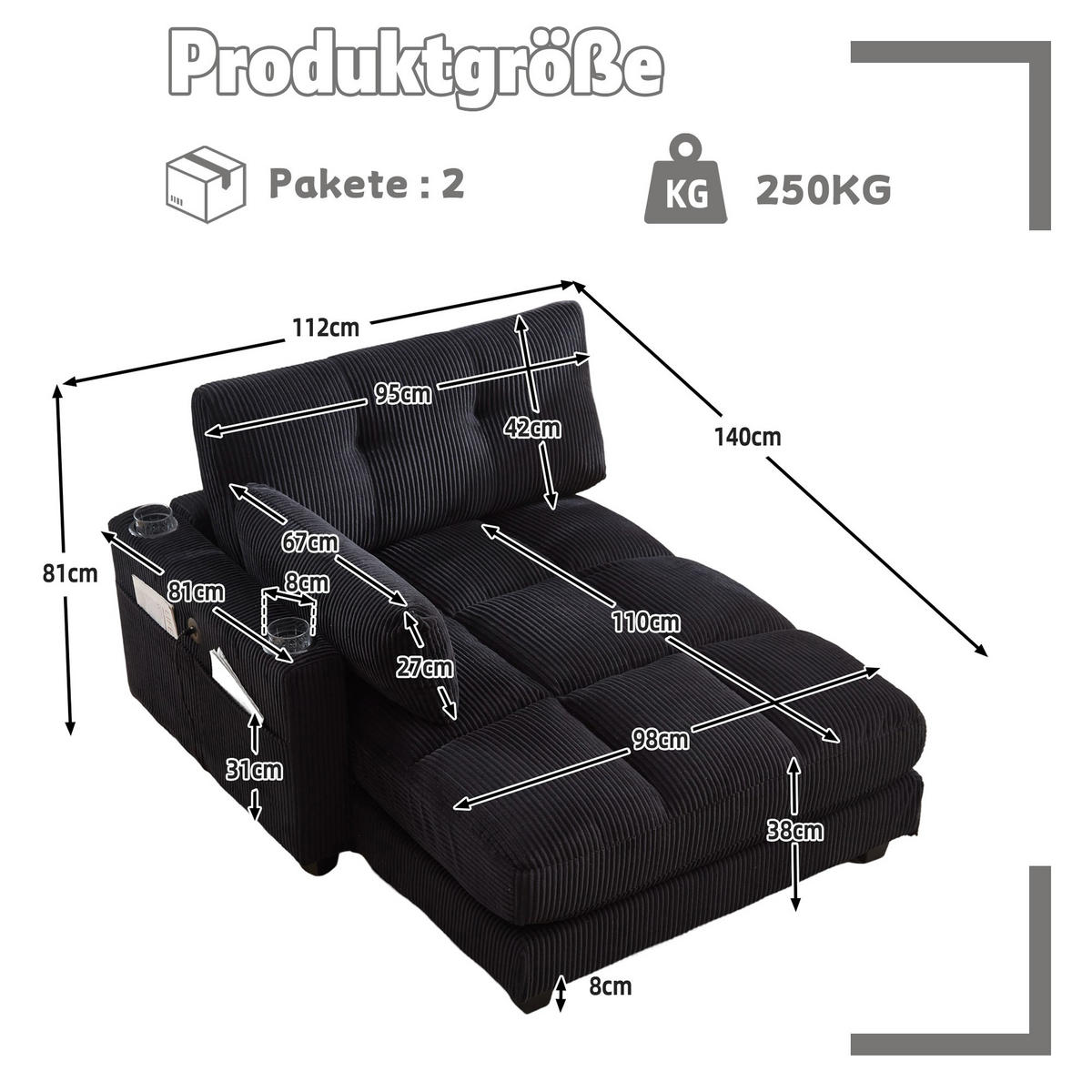 CHAISELONGUE Polsterliege,Ottomane,Sofa,Cordstoff,Schwarz - Schwarz, Textil (112/81/140cm) - LVHOM