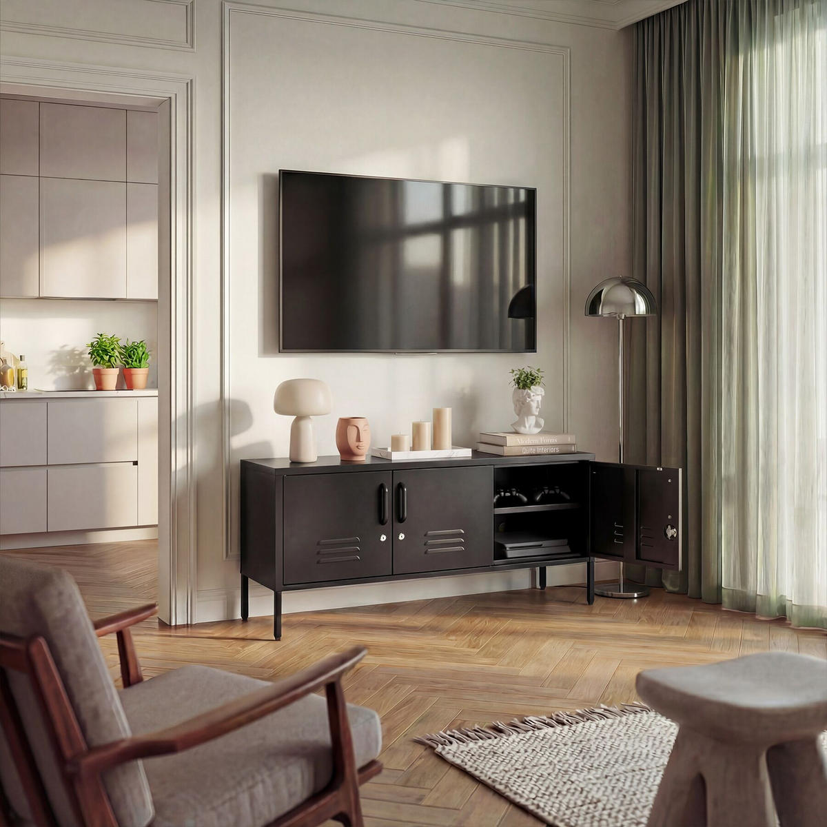 SIDEBOARD Baker, Kippschutz, höhenverstellbare Füße, schwarz - Schwarz, Metall (120/55.5/37.5cm) - tectake