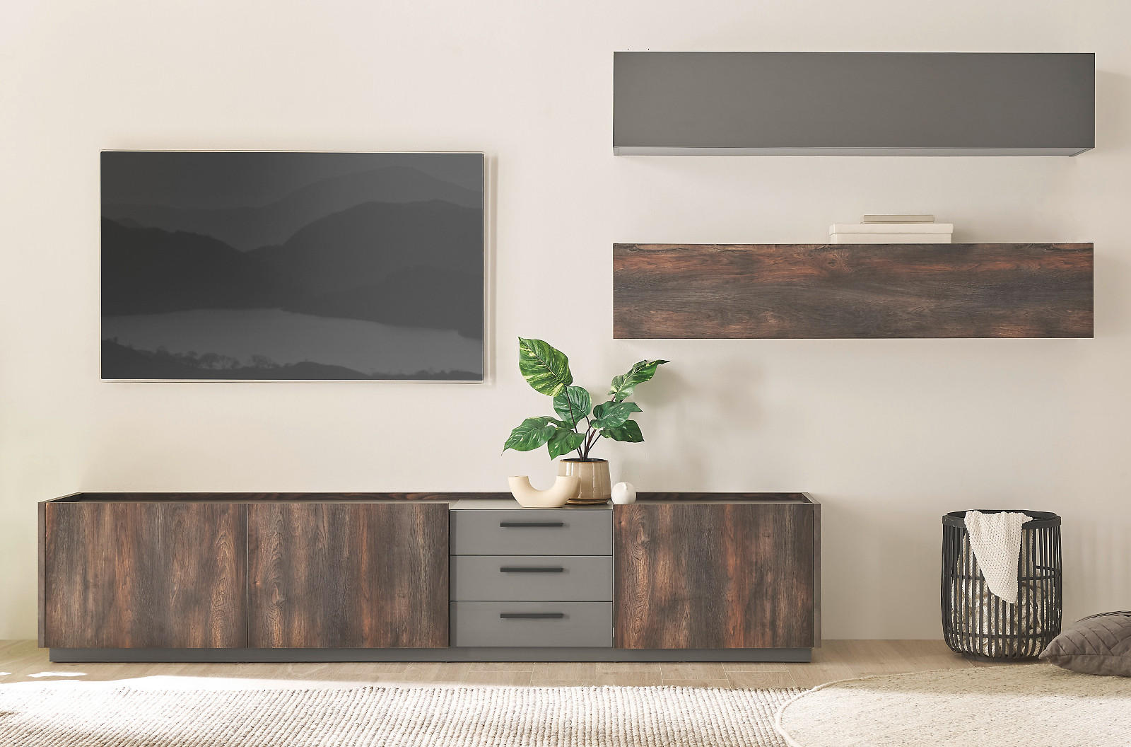 WOHNWAND Thermo Eiche, grau, Set 3-teilig mit XXL TV-Lowboard und Soft-Close - Eichefarben/Grau, Holzwerkstoff/Metall (316/200/45cm) - Furn.Design