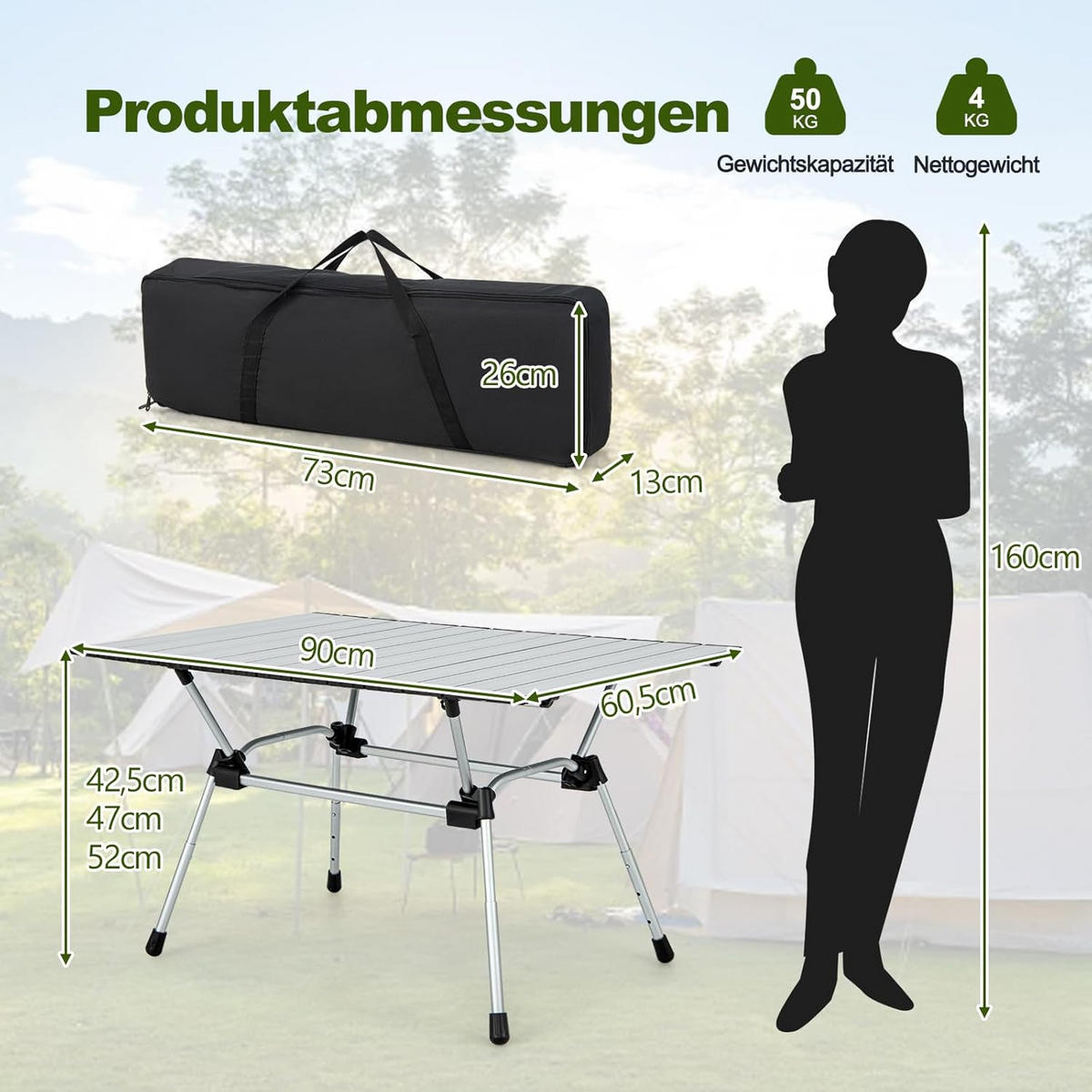 CAMPINGTISCH Silber - Silberfarben, Metall (90/61/52cm) - COSTWAY