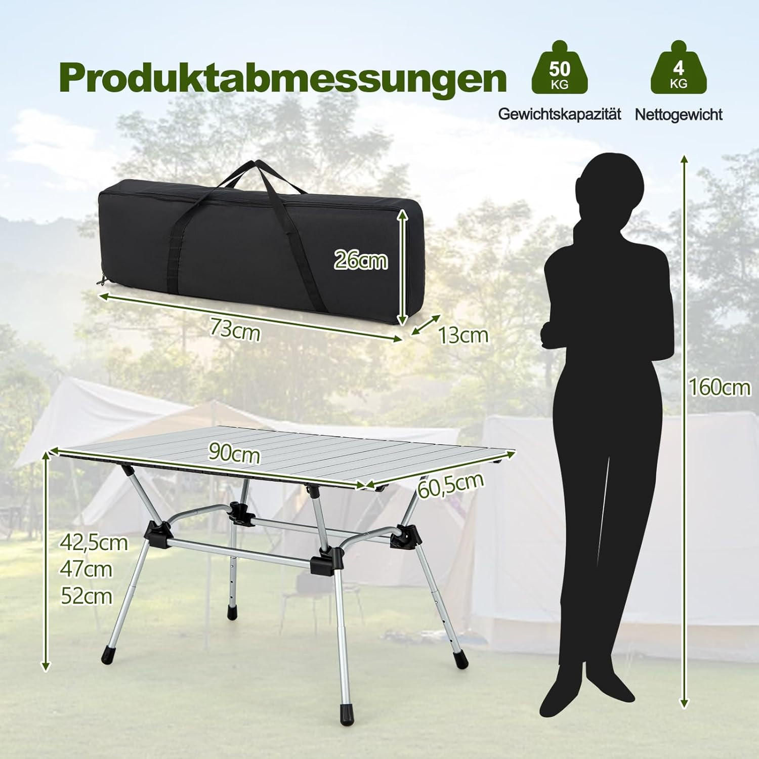 Thumbnail - Costway Campingtisch, Silber, Metall, 61x52x90 cm, Gartenmöbel, Gartentische, Klapptische