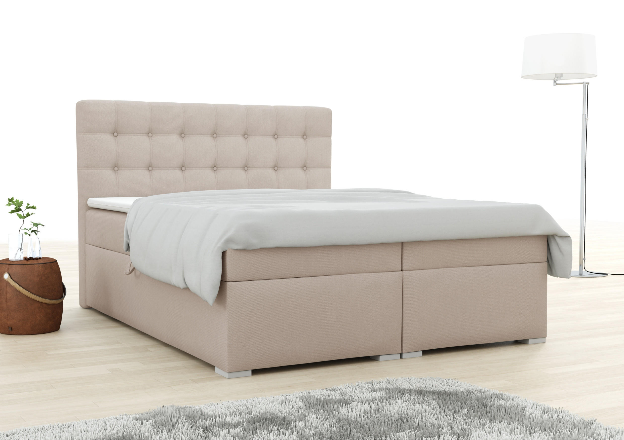 BOXBETT CLAUDIA 140/200 Velour Beige mit Taschen-Federkernmatratzen 7 Zonen H4 - Chromfarben/Beige, Holzwerkstoff/Kunststoff (140/200cm) - Deine Möbel 24