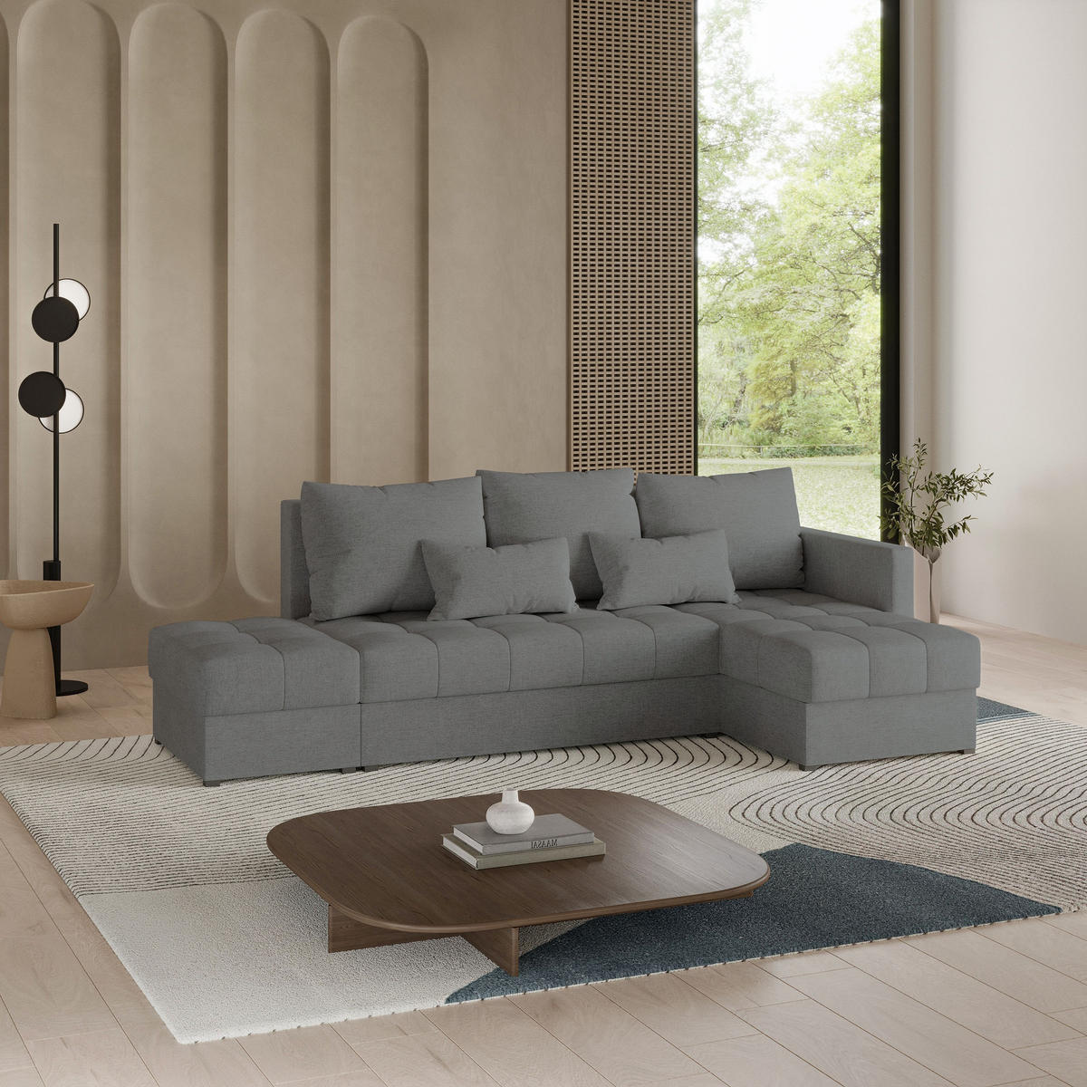 ECKSOFA LUMARI R-S Grau Plüsch-Stoff mit Schlaffunktion - Grau, Holz (262/143cm) - MASSENO