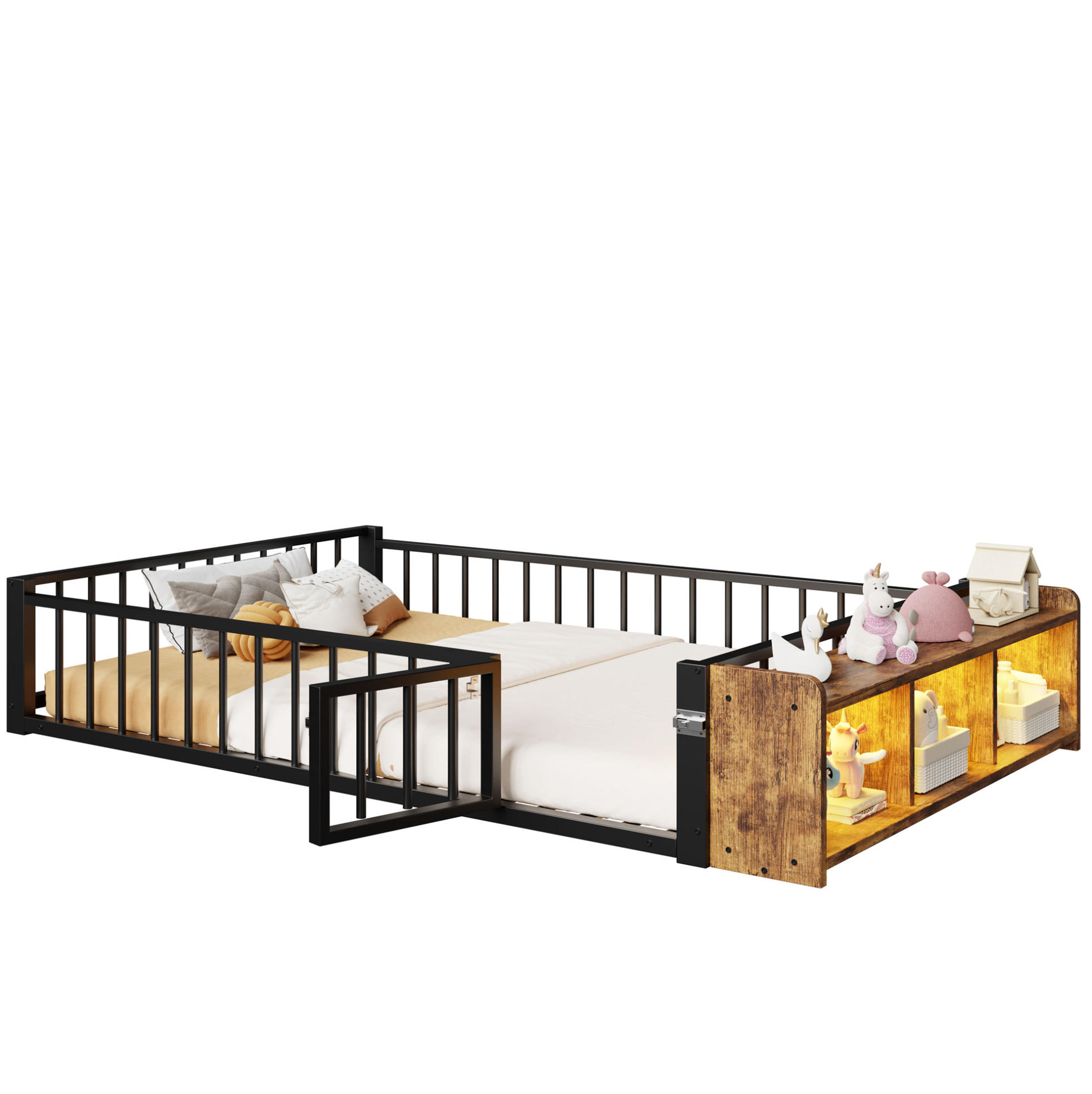 OKWISH DĚTSKÁ postel 140/200 cm černá z MDF a kovu s úložným prostorem, LED a zábradlím