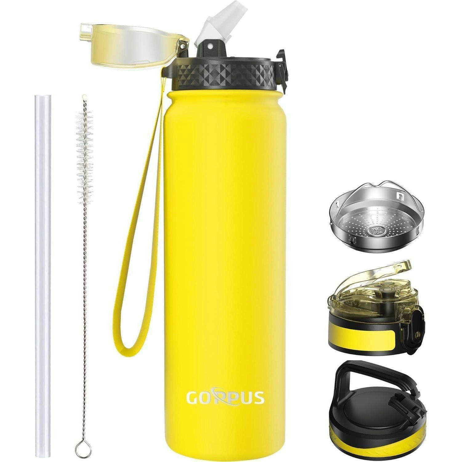 THERMOSFLASCHE mit Strohhalm 1 Liter Gelb - Gelb, Metall (8/8cm)