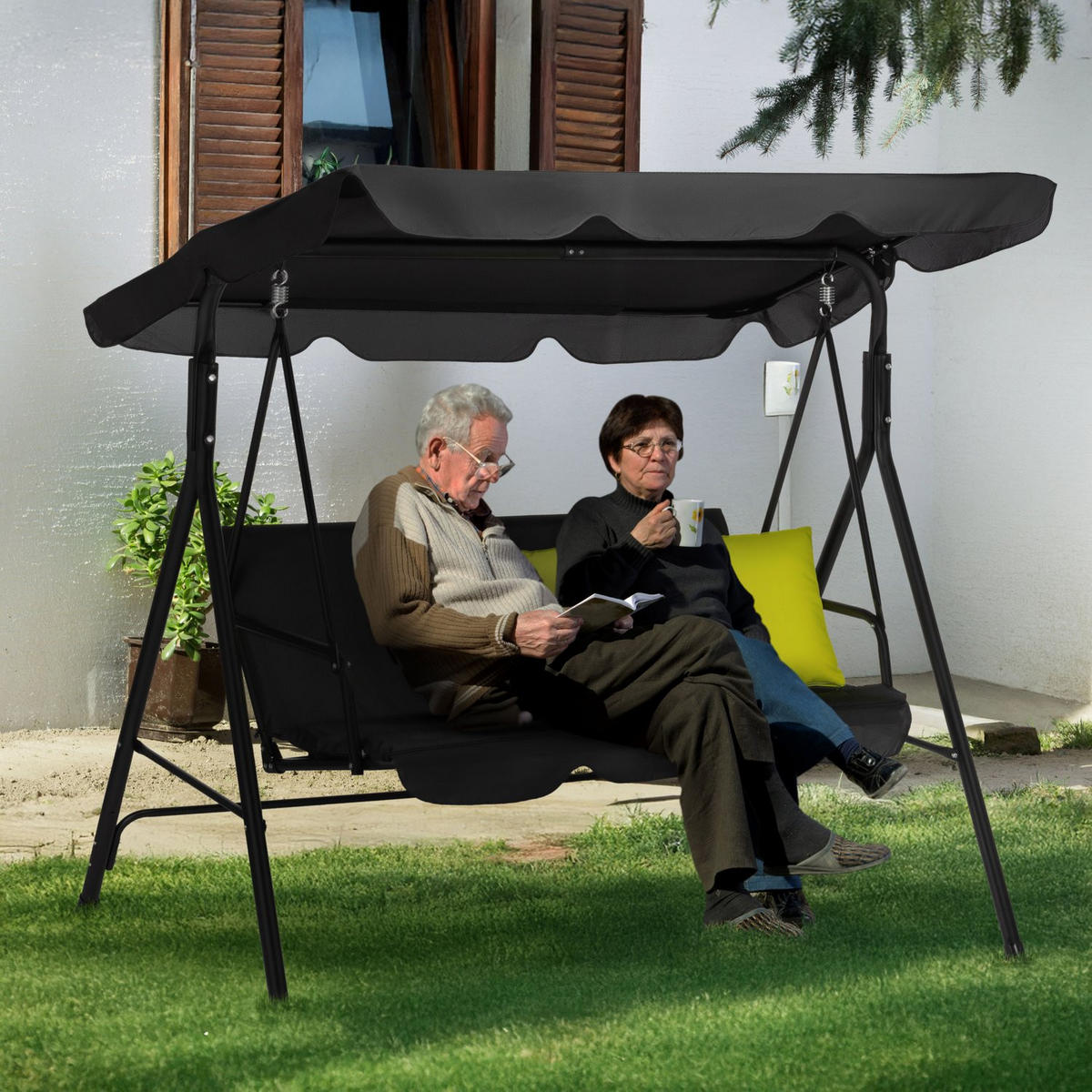 HOLLYWOODSCHAUKEL mit Sonnendach, 170/110/153 cm, 3 Personen, 2 Kissen, bis 200 kg - Goldfarben/Schwarz, Textil/Metall (170/153/110cm) - Luverno