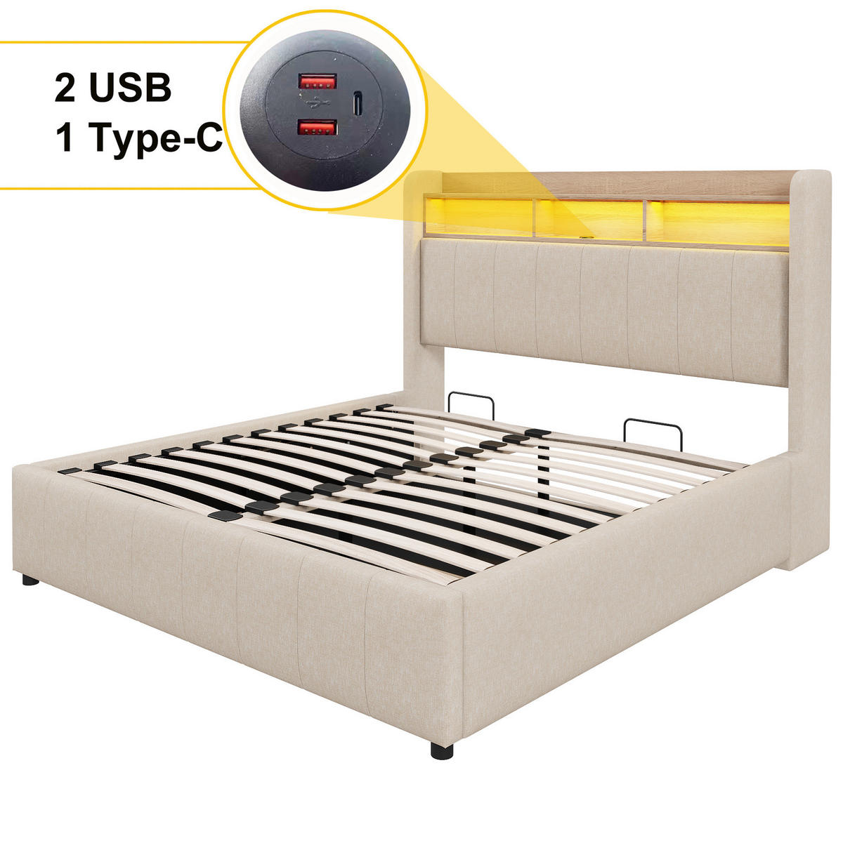 POLSTERBETT 140/200 cm Beige aus Leinenstoff mit LED und Stauraum - Beige, Textil (140/200cm) - OKMYHOME