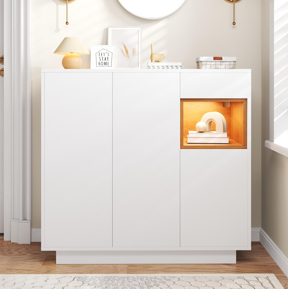 SCHUHSCHRANK 105/39,5/100,5 cm mit LED-Beleuchtung, Schublade und verstellbaren Einlegeböden aus Spanplatte, Weiß/Natur - Naturfarben, Holzwerkstoff (105/100/39cm) - Redom