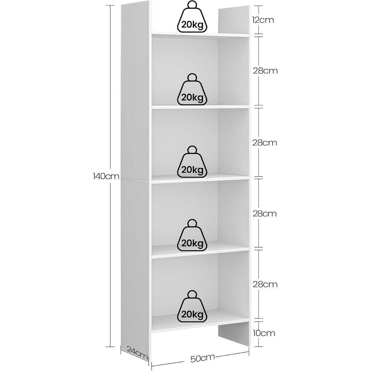 BÜCHERREGAL 5 Fächer 24 x 50 x 140 cm Weiß - Weiß, Holzwerkstoff (50/140/24cm)