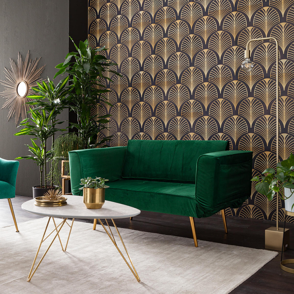 SCHLAFSOFA - Samt - Dunkelgrün/Goldfarben, Textil (152/74/74cm) - home24