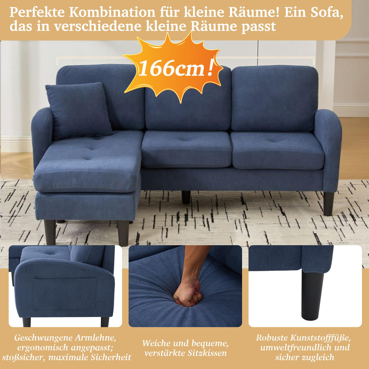 ECKSOFA L-Form Cord mit modularer Chaiselongue Blau 166/118/77 cm - Blau, Textil (166/118cm) - Redom