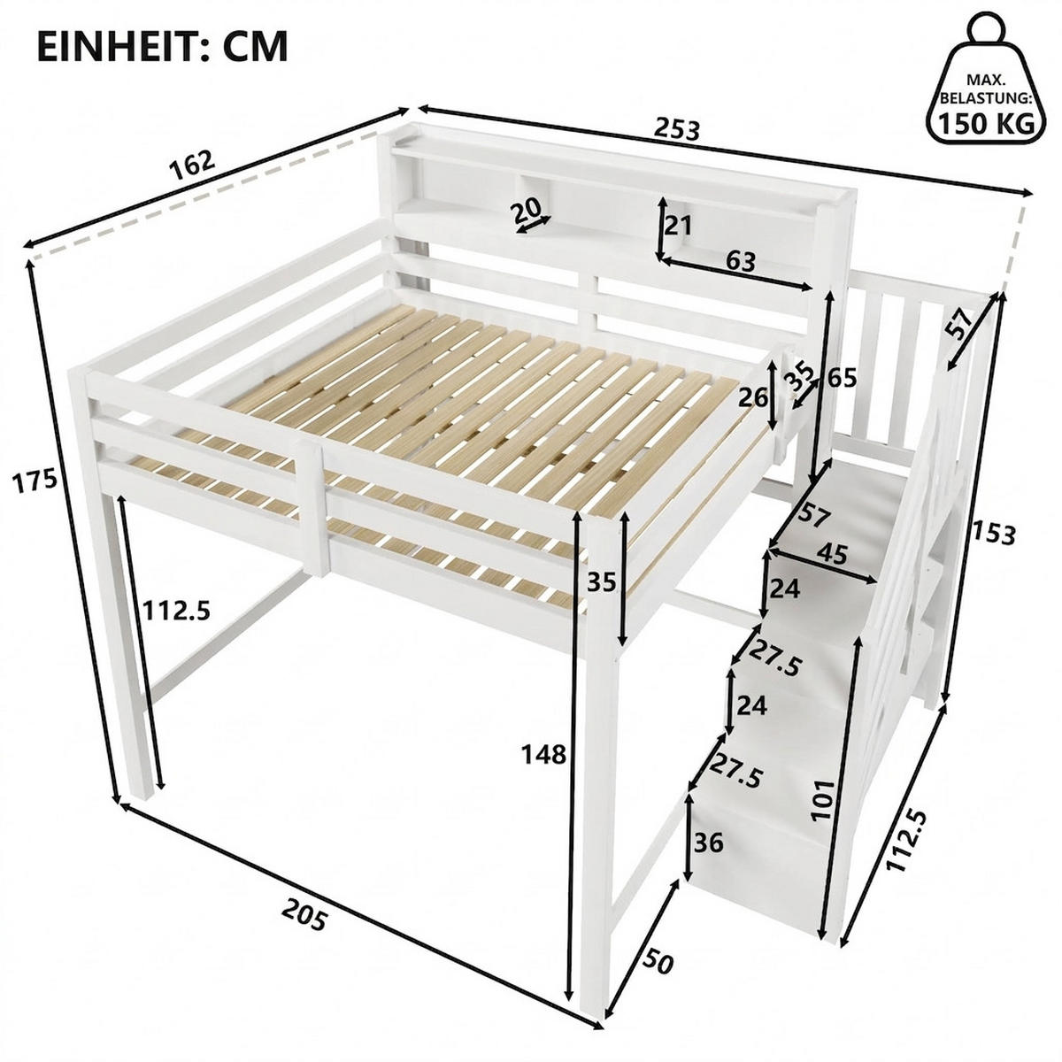 HOCHBETT 140/200 cm Weiß mit LED-Leuchten, Stauraumtreppe, offenem Staufach - Weiß, Holz (140/200cm) - Oxeza