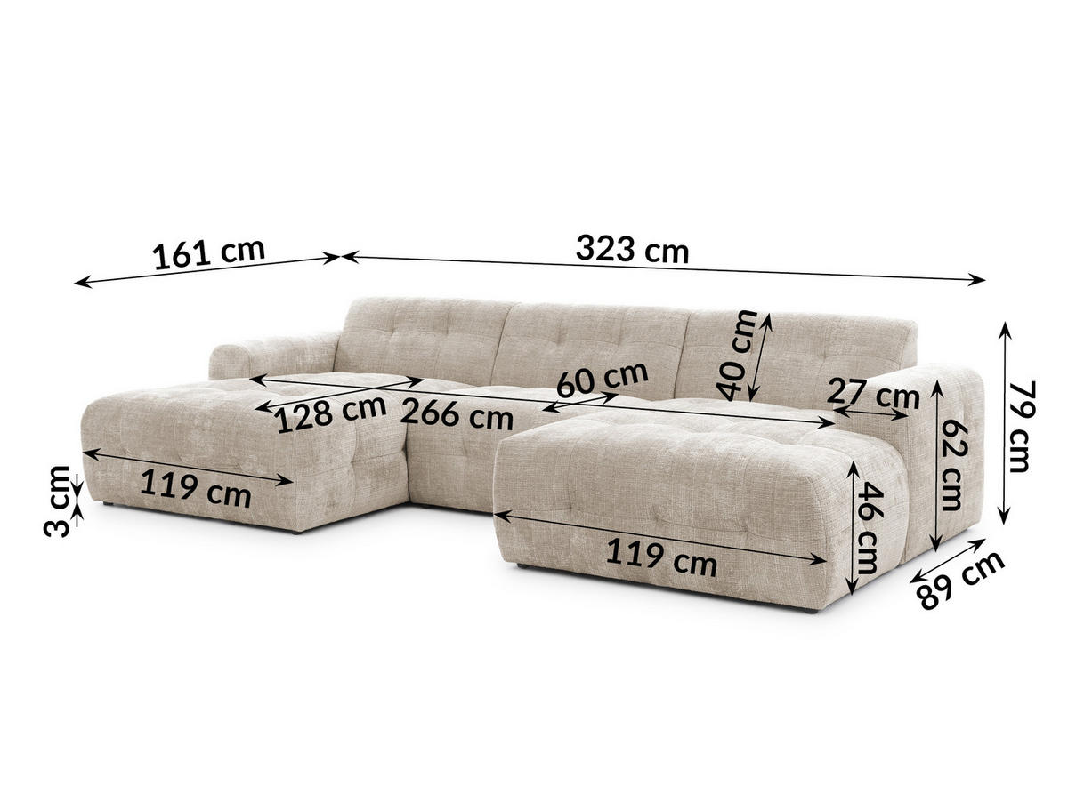 WOHNLANDSCHAFT inkl. Hocker Kozy im Bumpy-Design mit Schlaffunktion und fester Rückenlehne aus weichem Dunkelbeige Chenille-Stoff - Beige/Schwarz, Holz/Kunststoff (323/79/161cm) - S-Style Möbel