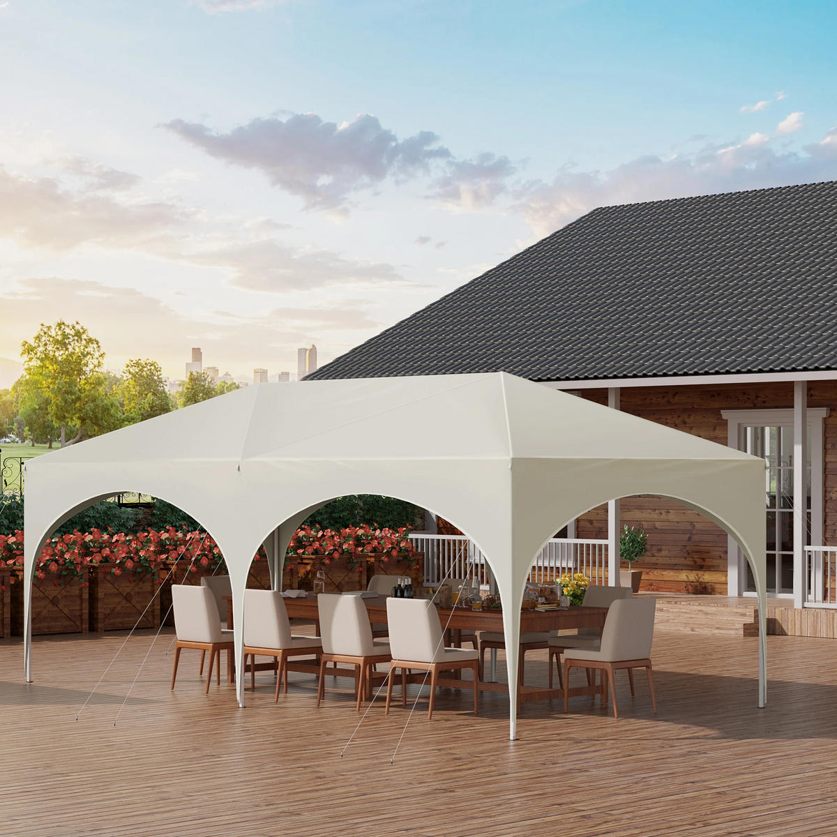 PAVILLON 3x6 m Beige mit 6 Seitenwänden - Beige, Textil/Metall (583/293cm) - Kaket