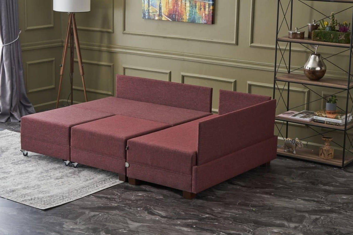 ECKSOFA mit rollbarer Schlaffunktion - Rot/Walnussfarben, Holz/Textil (210/280cm) - myHomelando