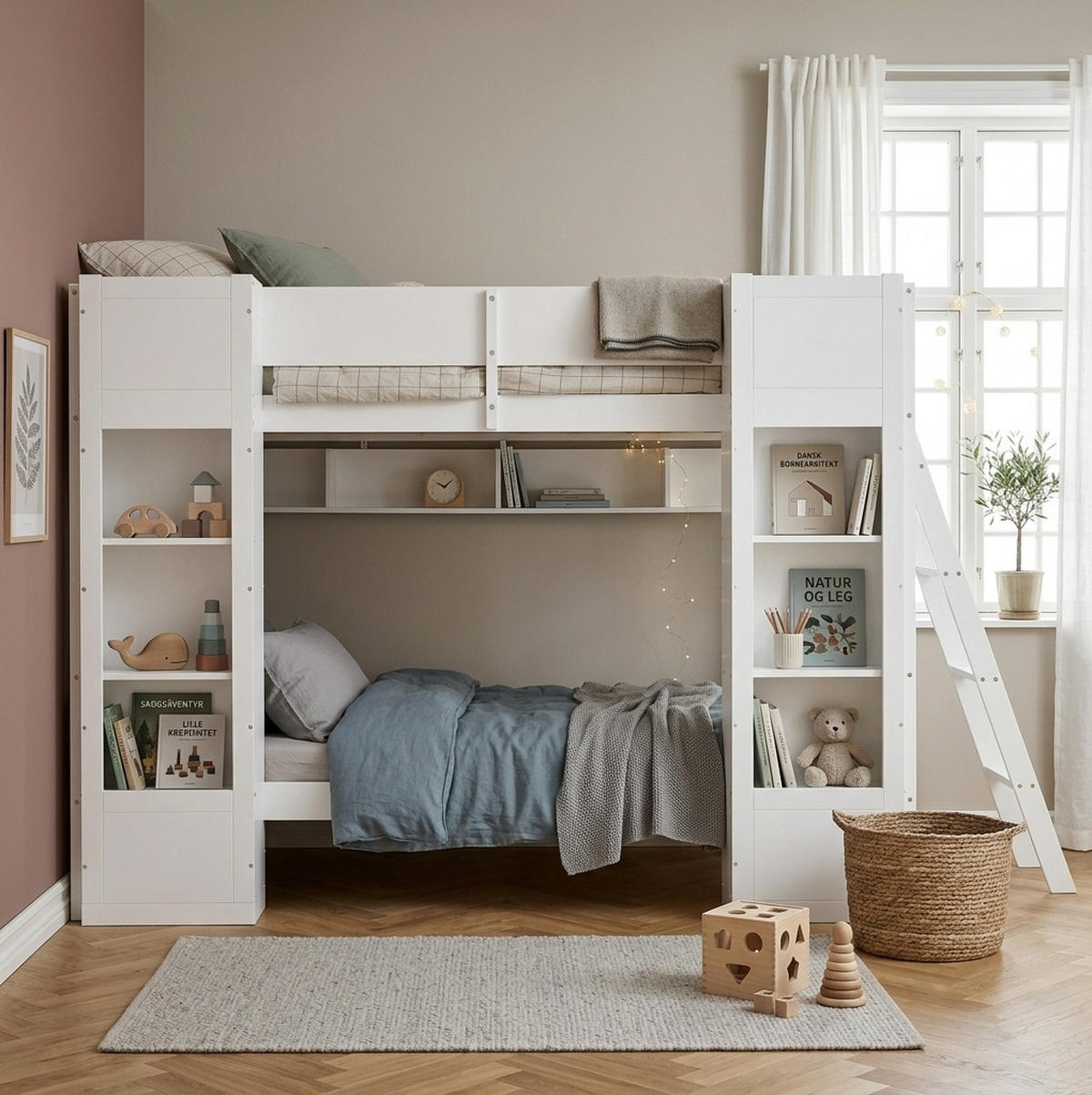 ETAGENBETT 90x200 cm in Weiß mit 2 Frontschränken, Hängeregal und Rausfallschutz - Weiß, Holz (90/200cm) - IVMEU