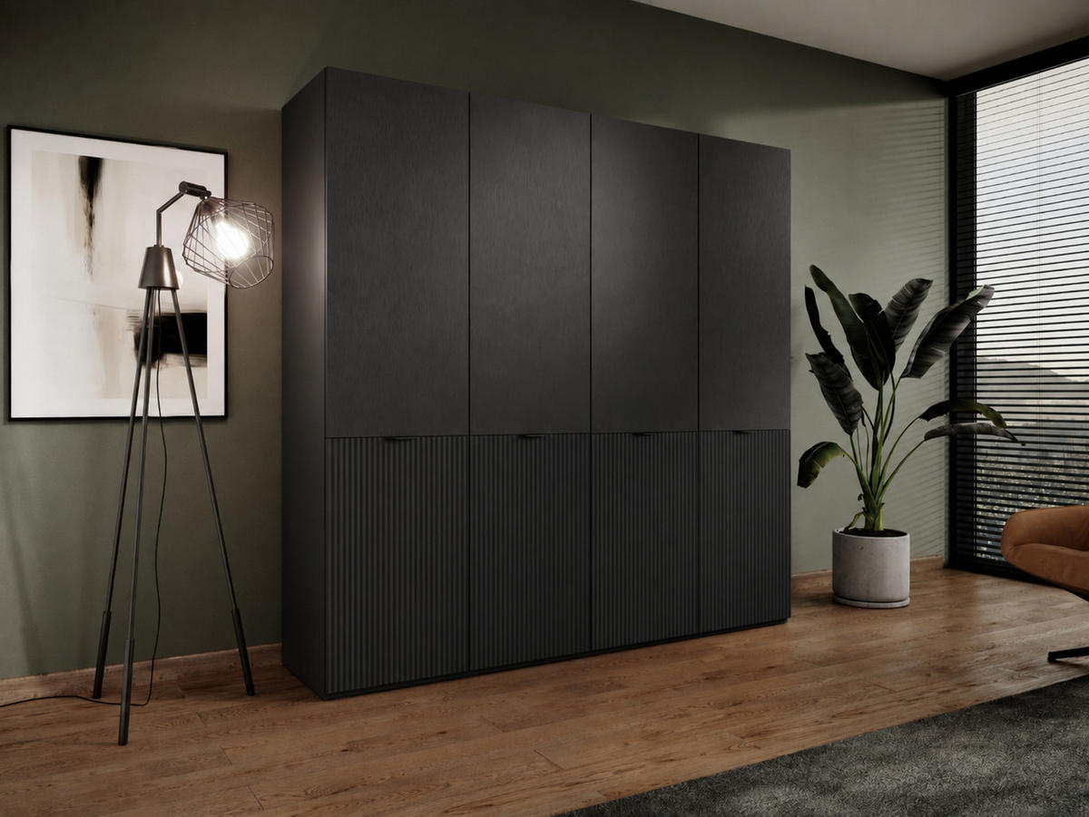 KLEIDERSCHRANK ZEN (Modular, Schwarz Matt, Rillenfront, 4-türig) - Schwarz, Holz/Holzwerkstoff (202/200/51cm) - Ravio