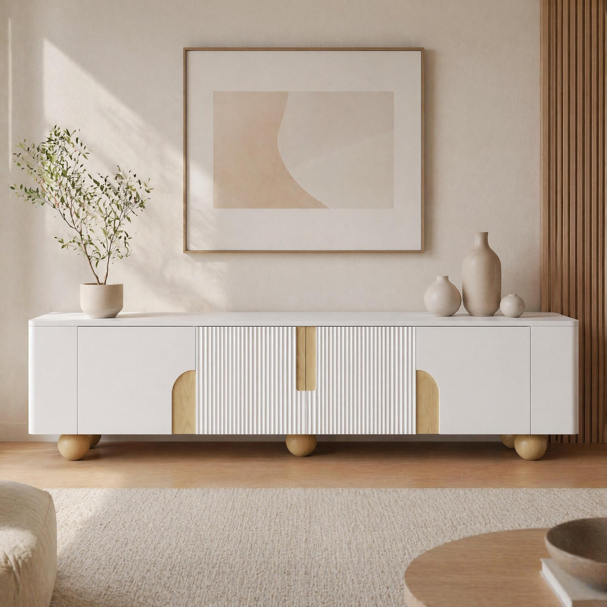 TV STOLEK bílý a přírodní, 4 dvířka, do obývacího pokoje, 180×40×44 cm - bílá/přírodní, dřevo/kompozitní dřevo (180/44/40cm) - STILVORA