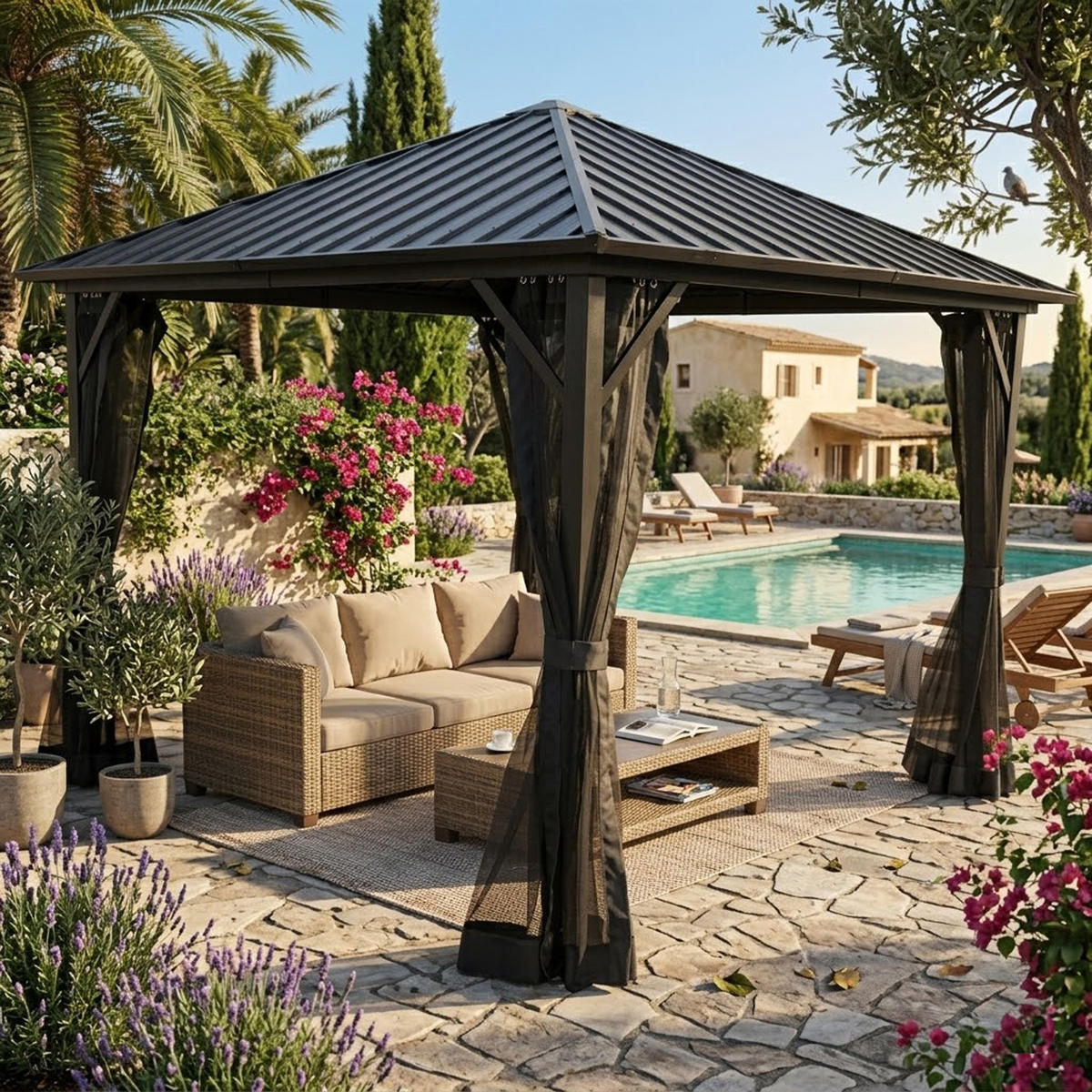 PAVILLON Paisley - 3x3 Meter, Aluminiumgestell 98x98x10mm, pulverbeschichtet. Dach aus Stahlplatten, galvanisier - Grau, Kunststoff (300/275/300cm) - TPFGarden