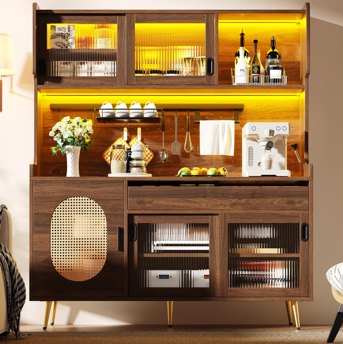 BUFFETSCHRANK 145/39/171 cm braun aus MDF mit LED, Lochplatte und Fluted-Glas-Türen - Braun, Holzwerkstoff (145/171/39cm) - OKWISH