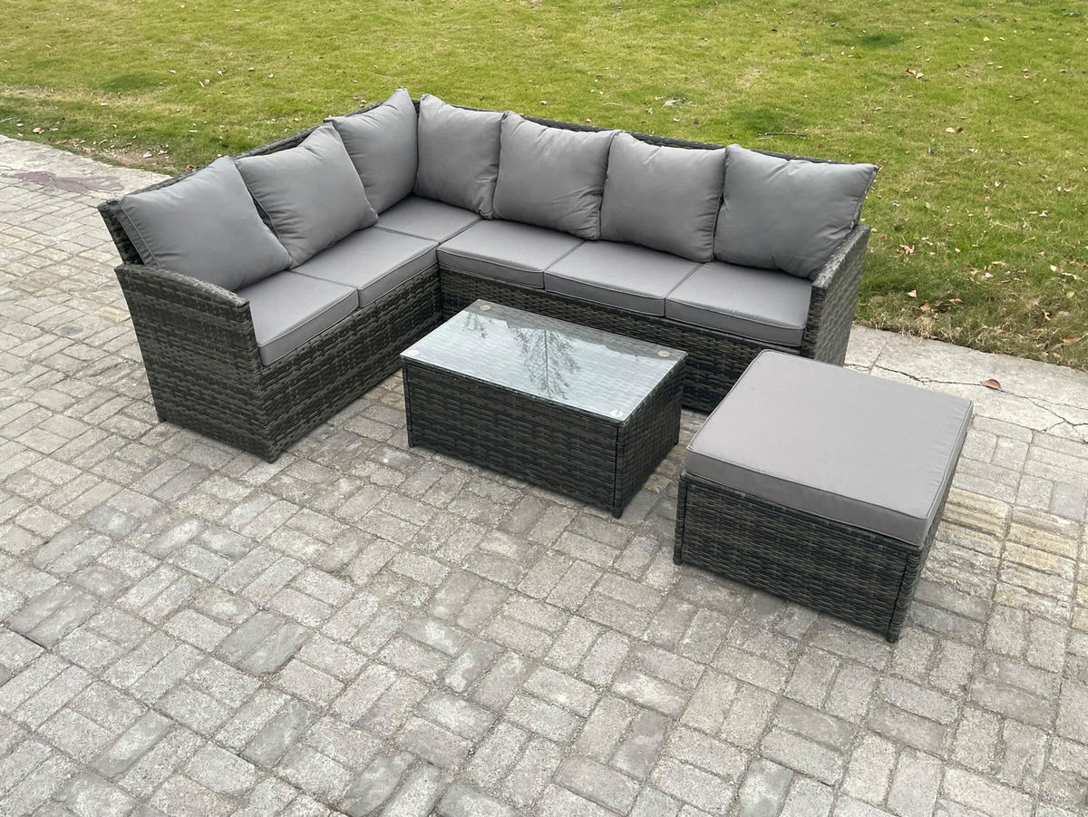 GARTENSET mit Couchtisch, Fußhocker Polyrattan Dunkelgrau 7-Sitzer - Dunkelgrau/Grau, Glas/Kunststoff - Fimous