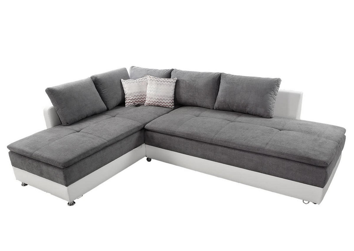 ECKSOFA-DAUERSCHLÄFER Doppelbett Boxspring Federkern Topper, Schwenkteil rechts B306/T223/H95 cm , Kunstleder Weiß+Mikrofaser Hellgrau / 15104 - Chromfarben/Hellgrau, Textil/Metall (306/223cm) - luma-home