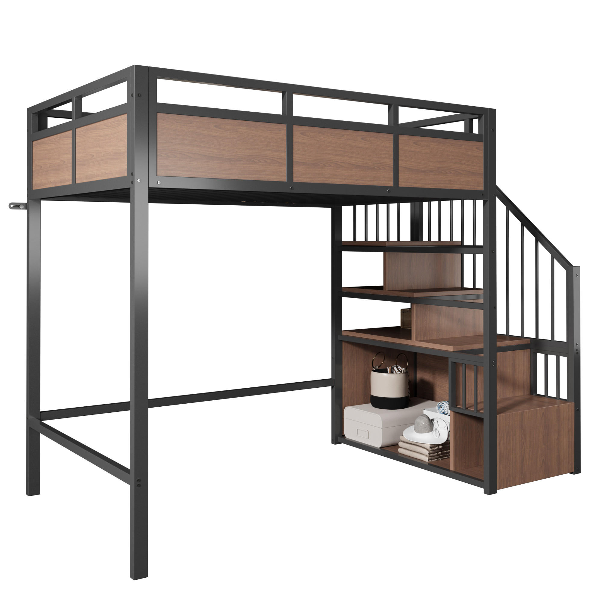 HOCHBETT 90/200 cm in Schwarz mit Stauraumleiter und LED - Schwarz, Holzwerkstoff/Metall (90/200cm) - STILVORA