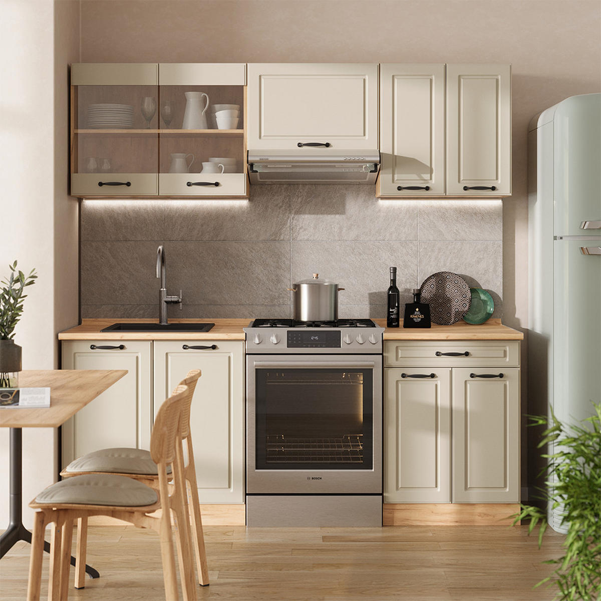 KÜCHENZEILE R-Line, Sand Landhaus/Goldkraft Eiche, 200 cm Arbeitsplatte Goldkraft Eiche - Honigeiche/Beige, Holzwerkstoff (200/81.6/60cm) - Vicco
