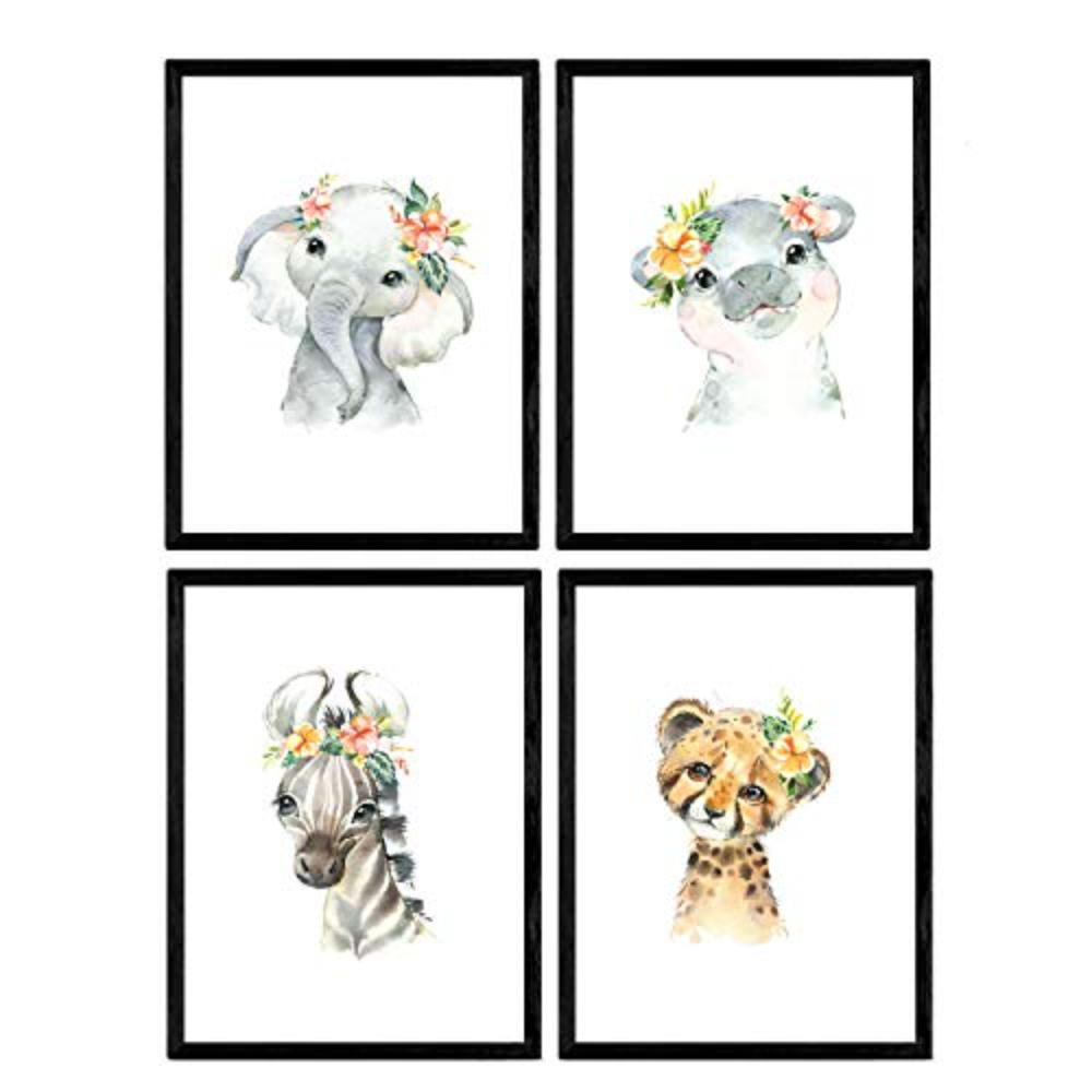 POSTER Set mit 4 Tiger Hypopotamus Elefant und Zebra A3 Rahmenlos - Klar, Papier (29.7/3cm) - Nacnic