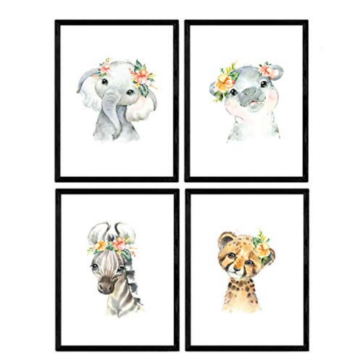 POSTER Set mit 4 Tiger Hypopotamus Elefant und Zebra A3 Rahmenlos - Klar, Papier (29.7/3cm) - Nacnic