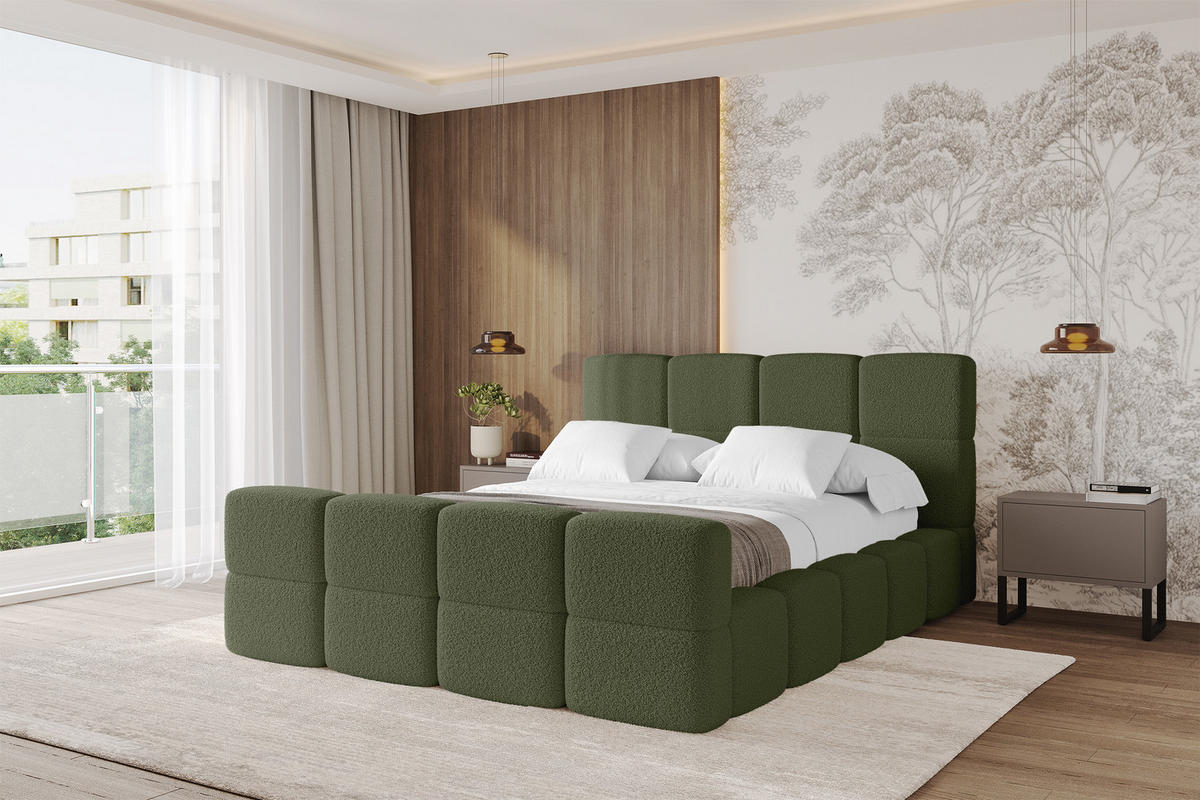 POLSTERBETT mit Bettkasten und Lattenrost mit Matratze H3/H4, Kopfteil, Boxbett, mit Stauraum - NATA-Z 140x200 Grün - Grün, Holzwerkstoff/Textil (140/200cm) - ALTDECOR