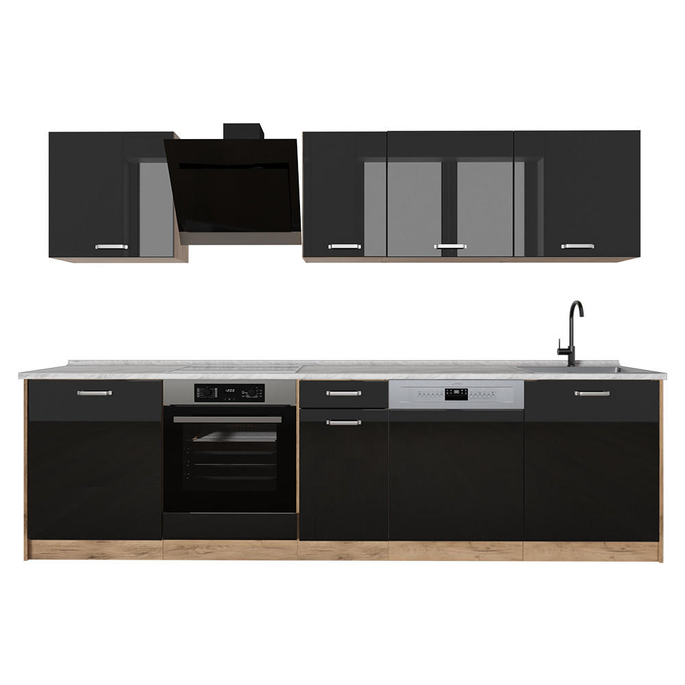 Vicco Küchenzeile Schwarz Hochglanz, Honigeiche 280x206.8x60 cm