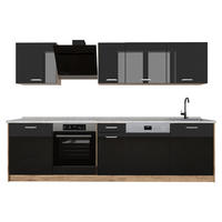 KÜCHENZEILE R-Line, Schwarz Hochglanz/Goldkraft Eiche, 280 cm Arbeitsplatte Marmor - Honigeiche/Schwarz Hochglanz, Holzwerkstoff (280/206.8/60cm) - Vicco
