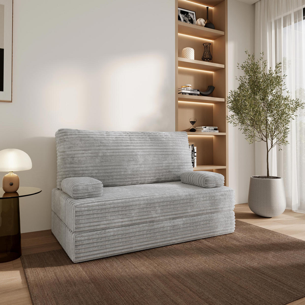 BETTSOFA LADIA aus Schaumstoff Cordstoff Hellgrau Schlaffunktion - Grau, Textil (140/86/60cm) - MASSENO