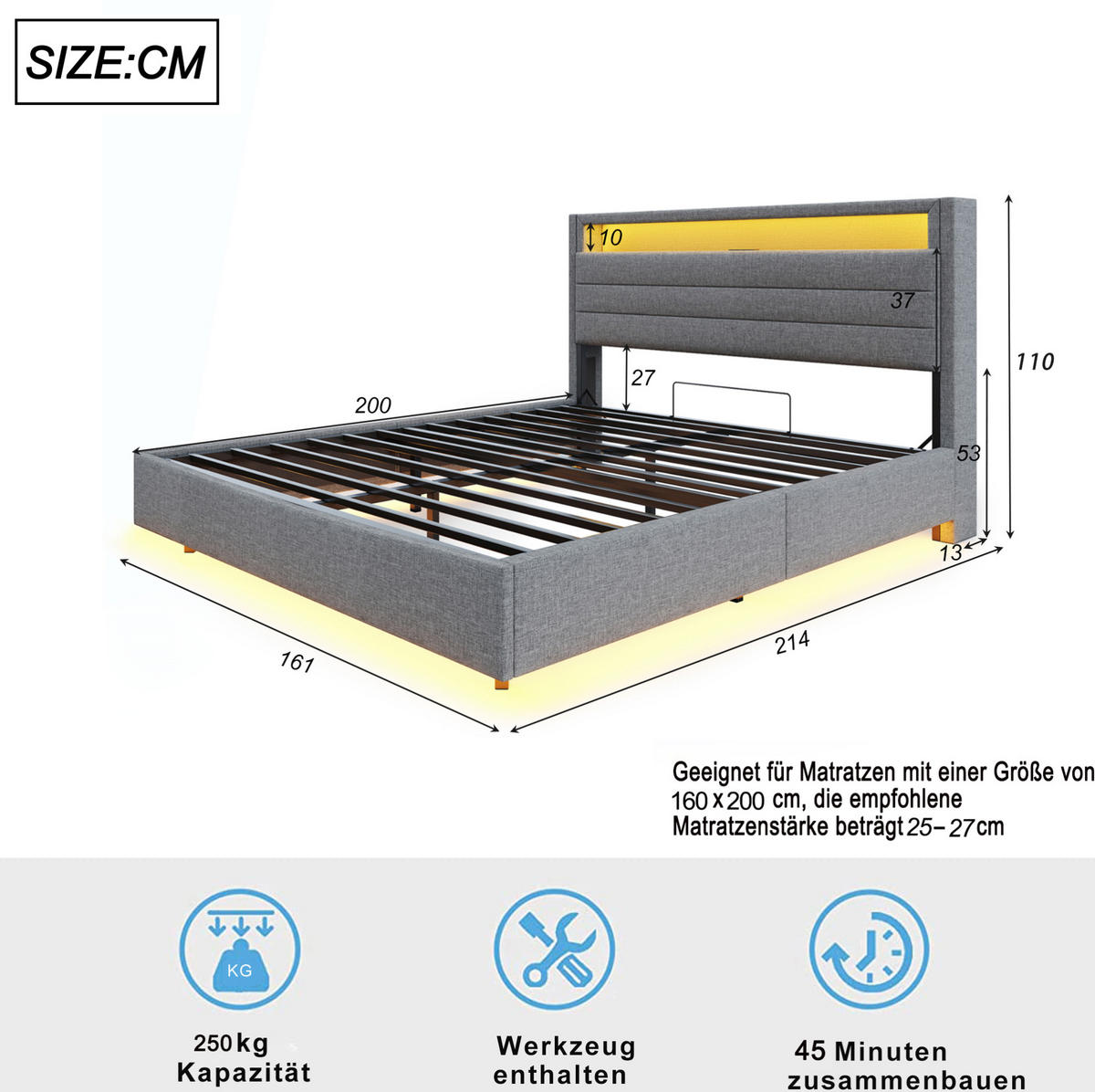 ČALÚNENÁ posteľ z látky 160x200 cm sivá s USB, LED osvetlením, hydraulickým úložným priestorom a otočným čelom - sivá, textil (160/200cm) - Modfu