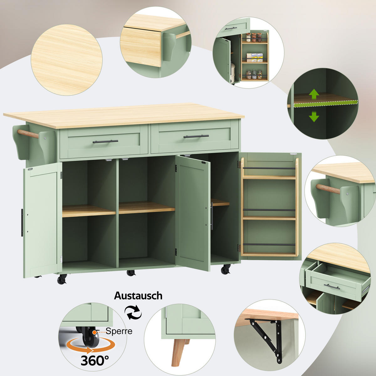 KÜCHENINSEL 129/71/91,5 cm Antikgrün mit 2 Schubladen, Klappbarer Arbeitsplatte, 5 Universalrädern und Massivholzfüßen - Salbeigrün, Holz/Holzwerkstoff (46/91.5/120cm) - Oxeza