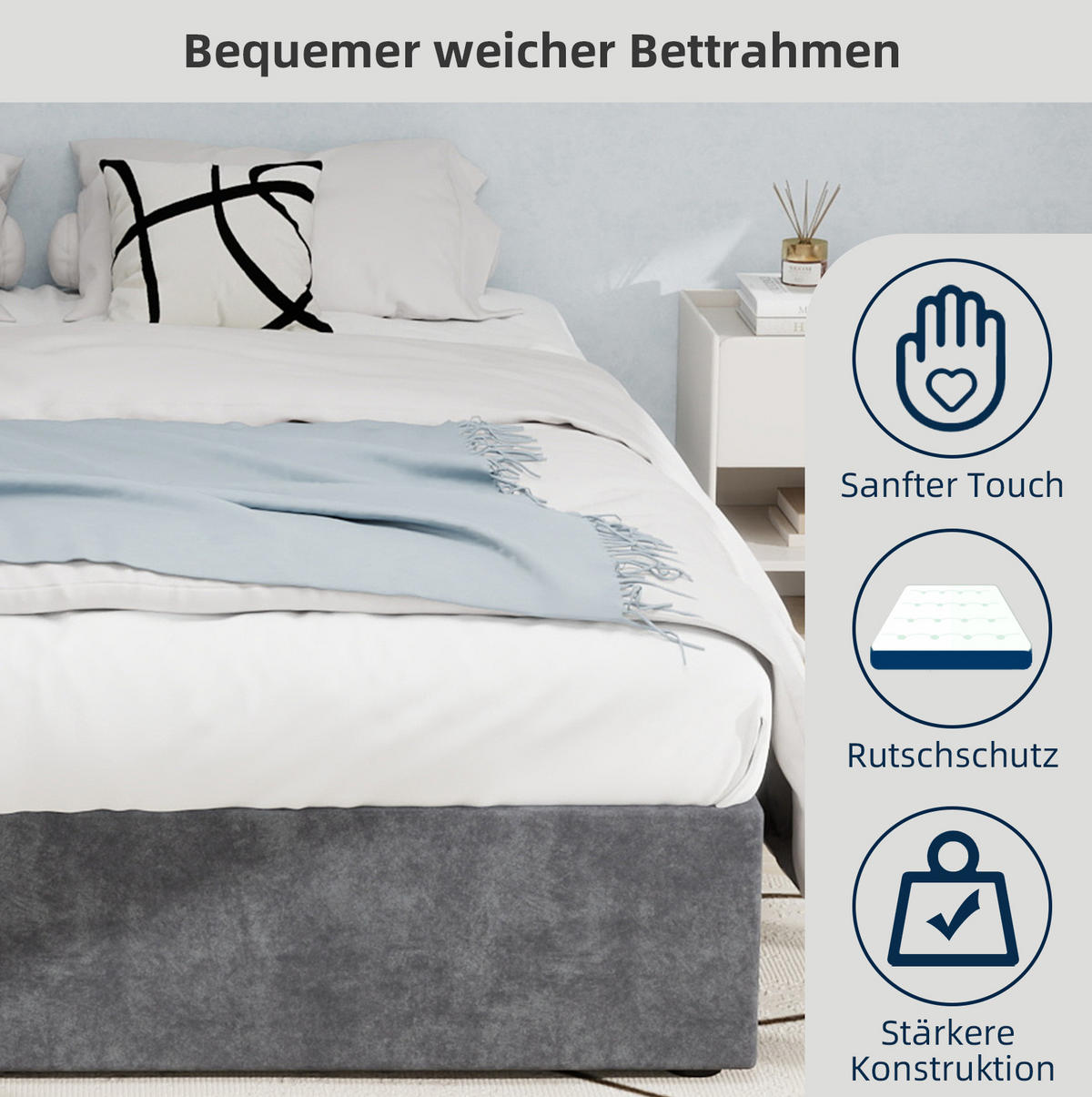 POLSTERBETT 160/200 cm grau aus Stoff und Metall mit Lattenrost - Grau, Textil (160/200cm) - OKWISH