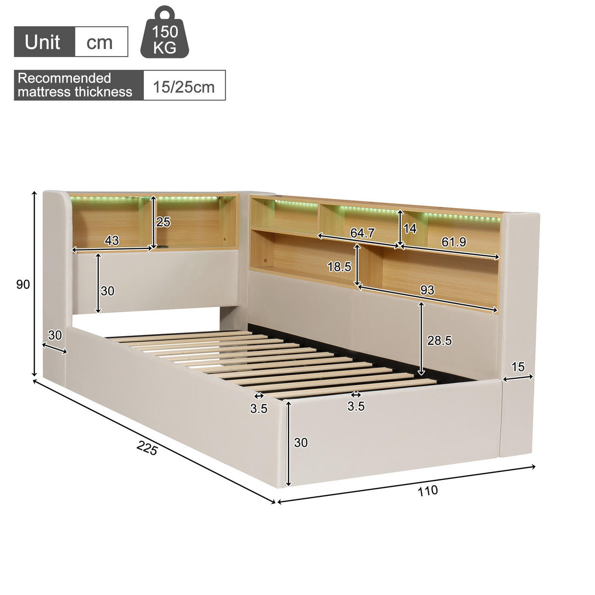 DENNÁ posteľ 90/200 cm béžová zo zamatu s hydraulickým úložným priestorom, LED osvetlením a USB nabíjaním - béžová, textil (90/200cm) - OKWISH