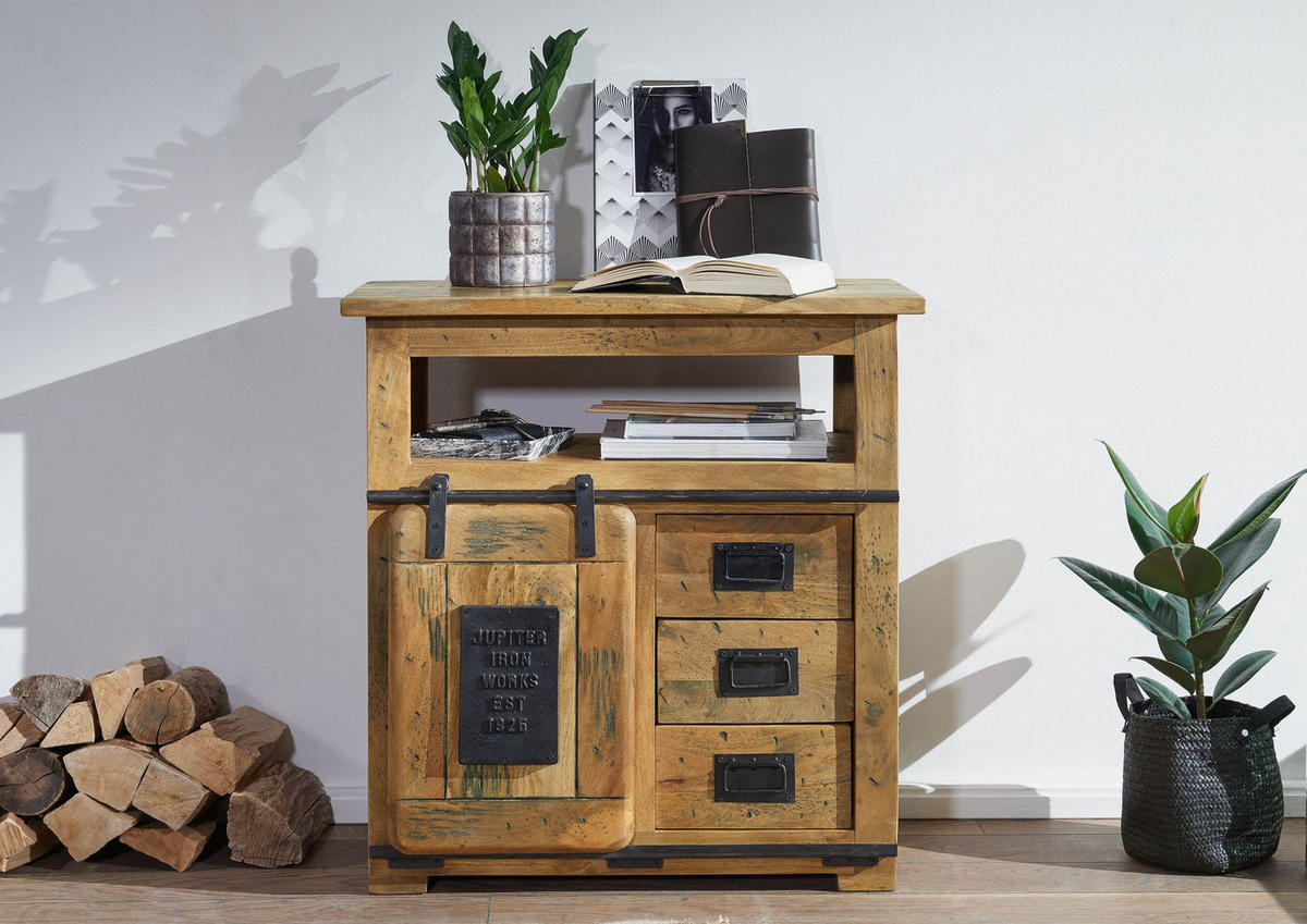 KOMMODE Mango 80x45x85 natur lackiert RAILWAY #110 - Braun, Holz (80/85/45cm) - Massivmoebel24