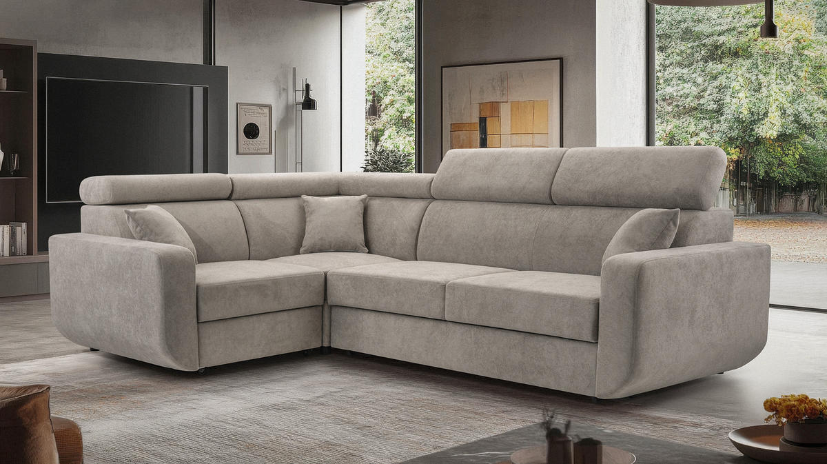 ECKSOFA RENO Grau Plüsch-Stoff mit Schlaffunktion - Grau, Holz (263/184cm) - MASSENO